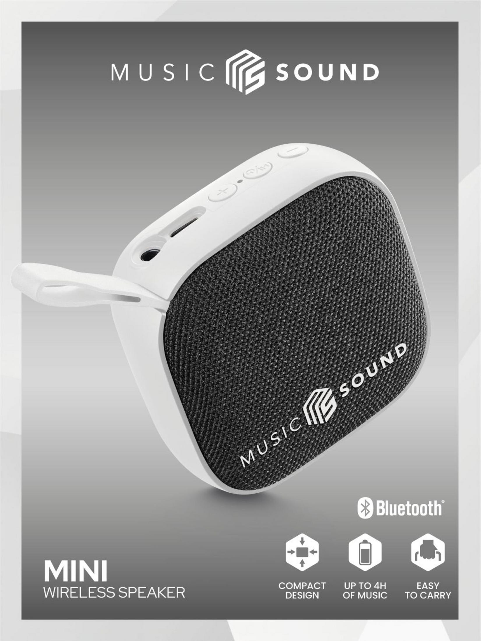 Un piccolo altoparlante Bluetooth bianco con griglia in tessuto nero e tracolla.