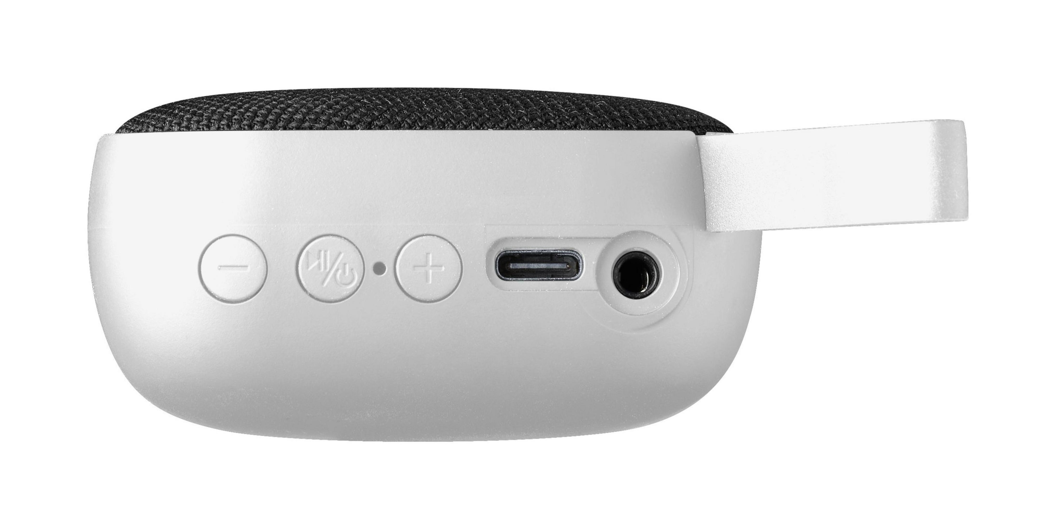 Altoparlante Bluetooth bianco con porte di accensione, volume e USB-C.