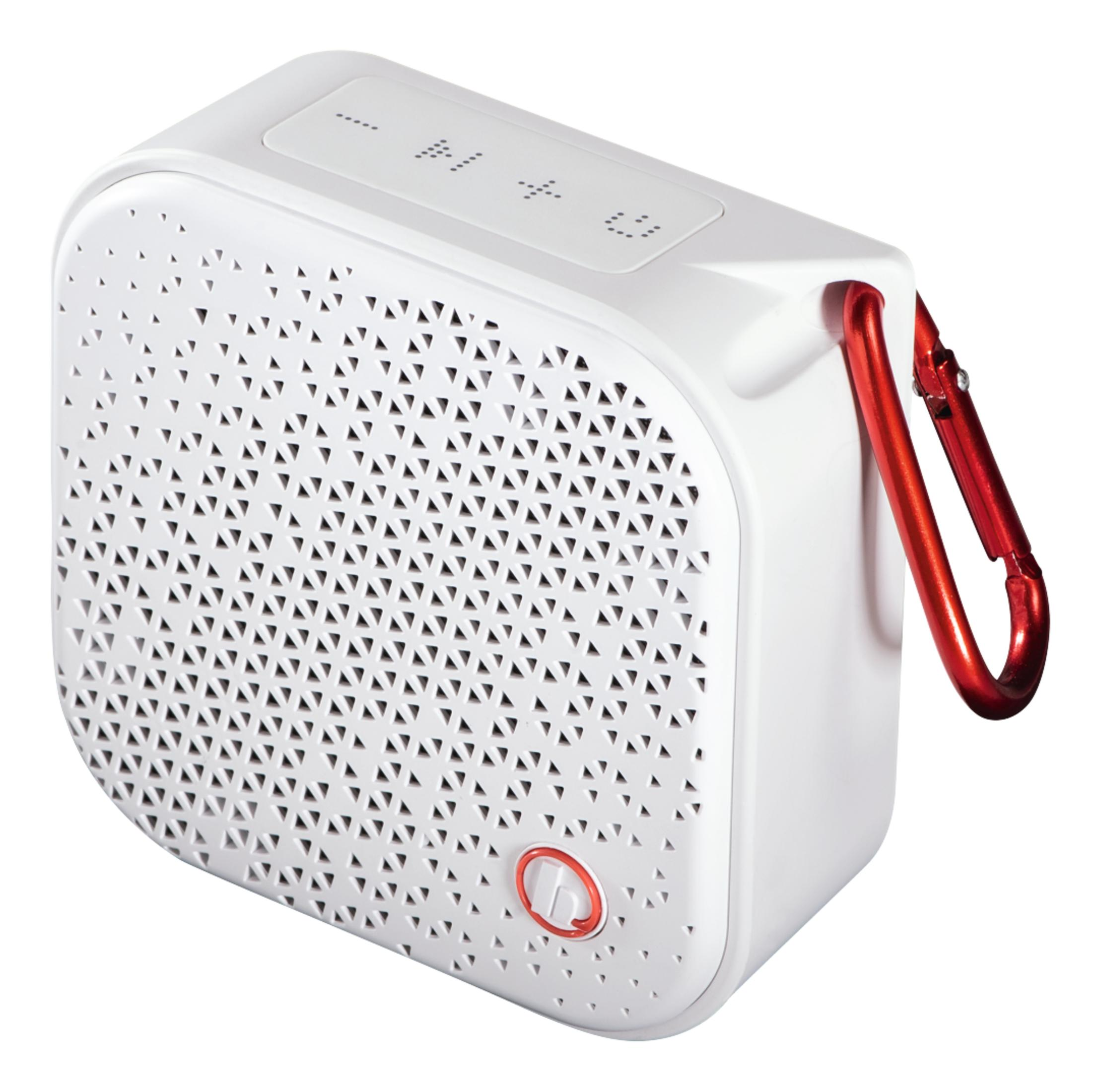 Altoparlante Bluetooth bianco con moschettone rosso e motivo triangolare.