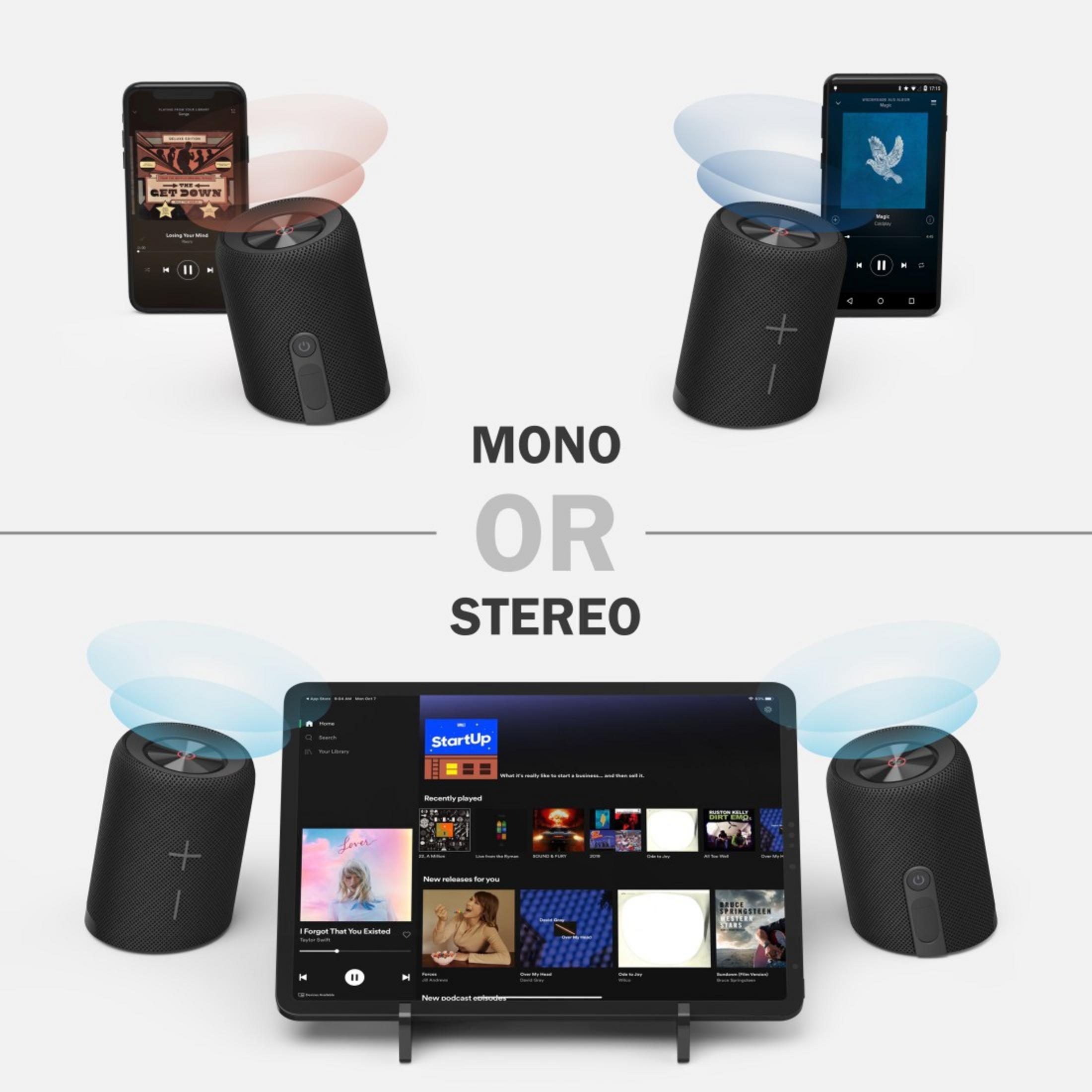 Zwei schwarze Lautsprecher mit Smartphones/Tablet, die Mono- oder Stereo-Audio wiedergeben.