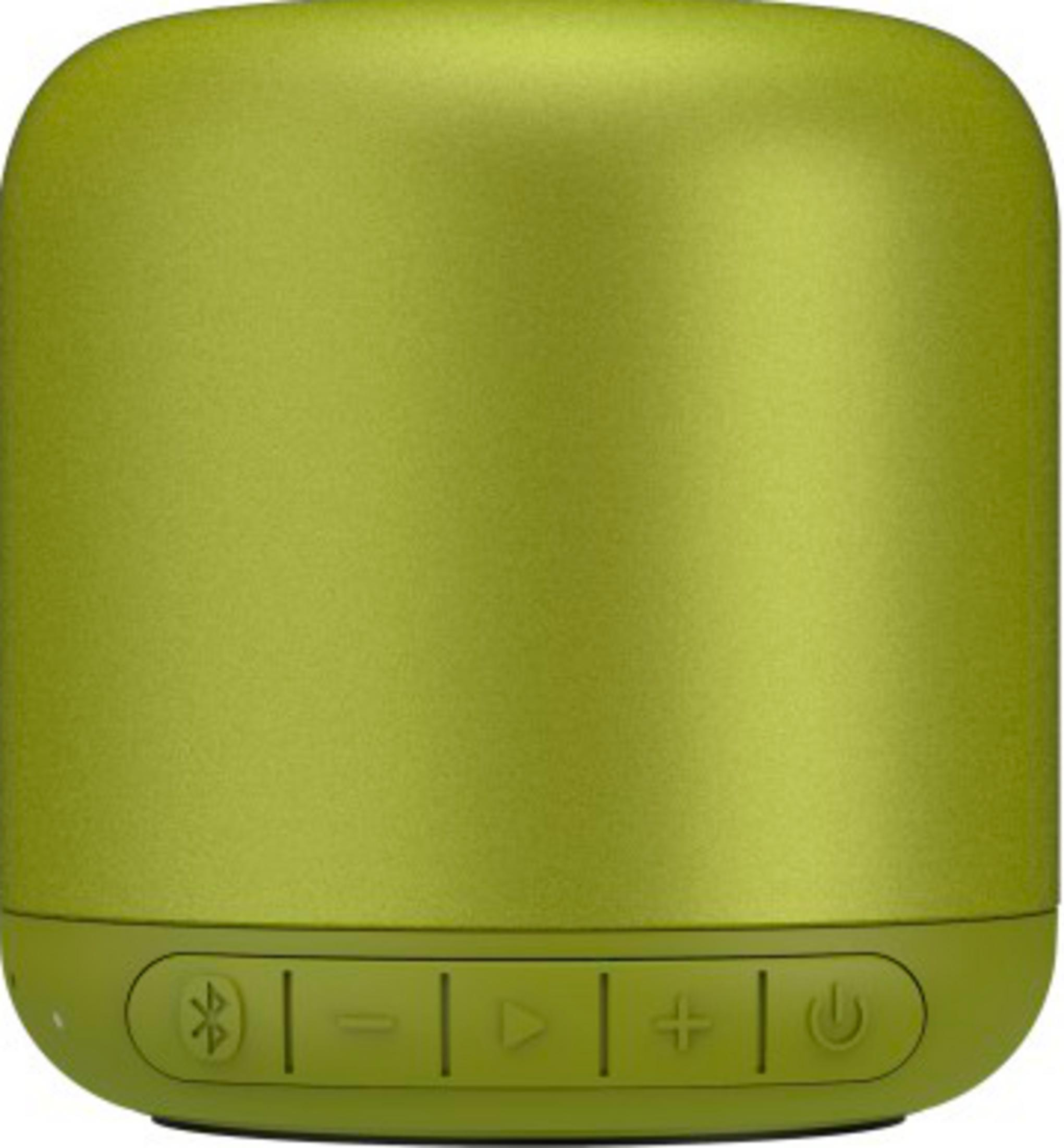 Jasnozielony głośnik Bluetooth z przyciskami sterowania na dole.