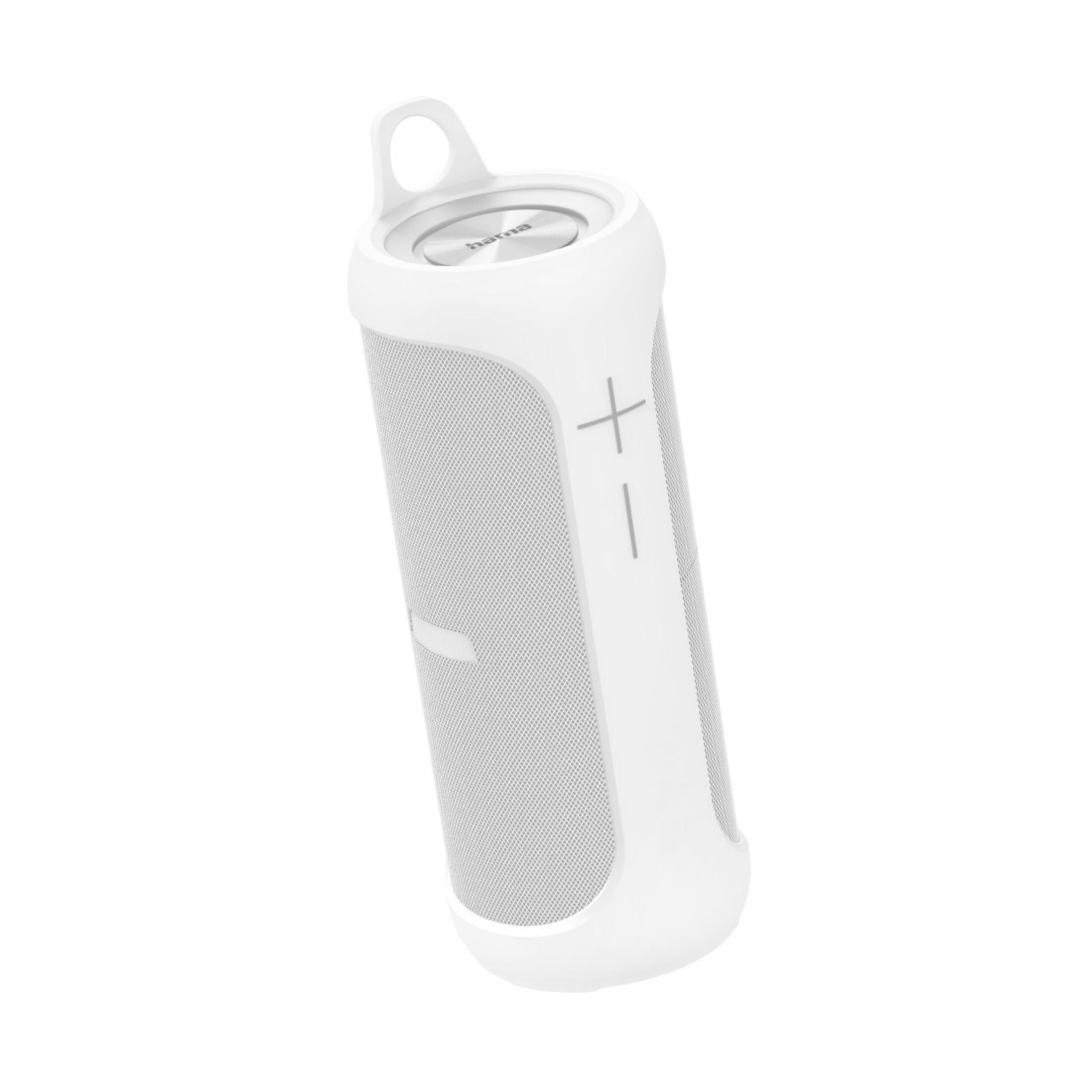 Biały głośnik Bluetooth z siatką i przyciskami plus/minus.