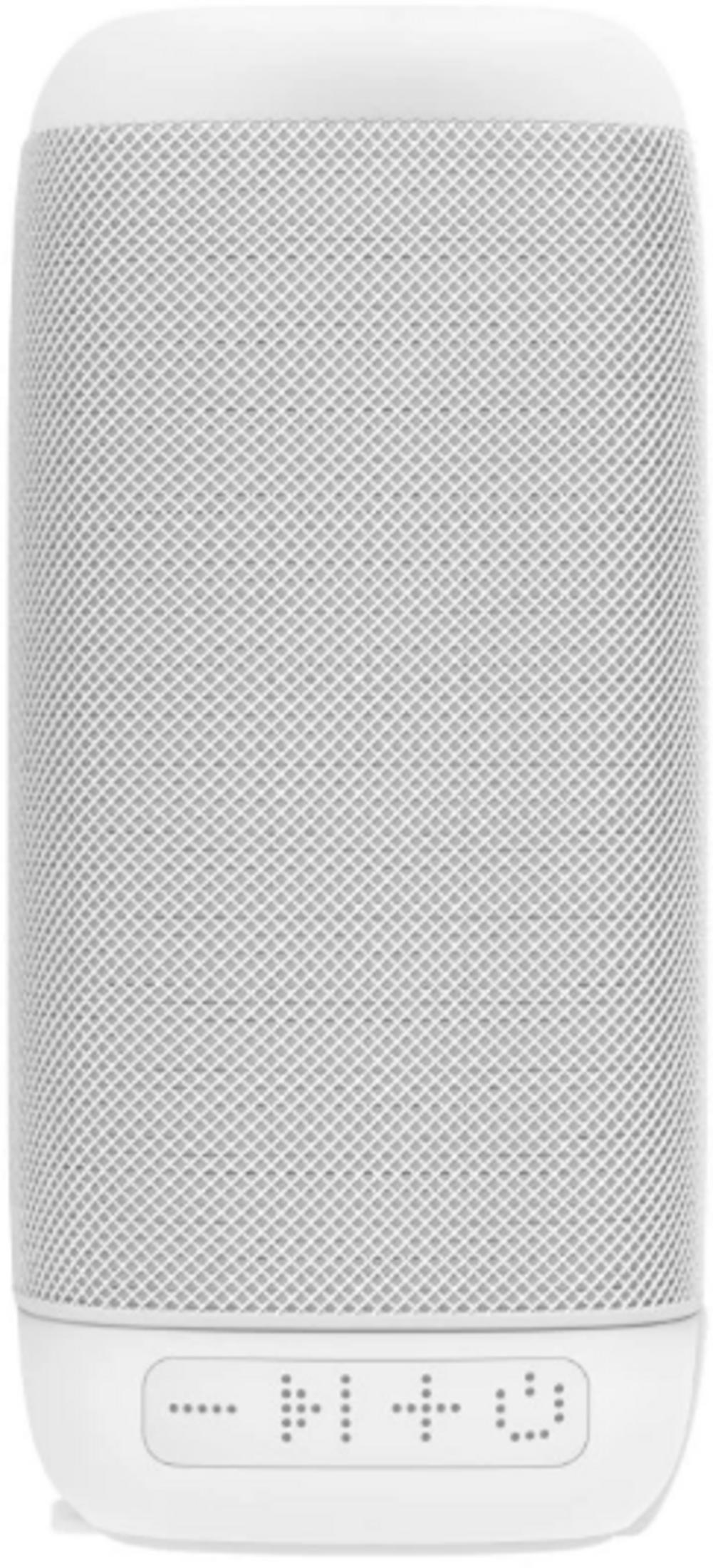 Biały głośnik Bluetooth z siatkowym wzorem i przyciskami sterującymi.