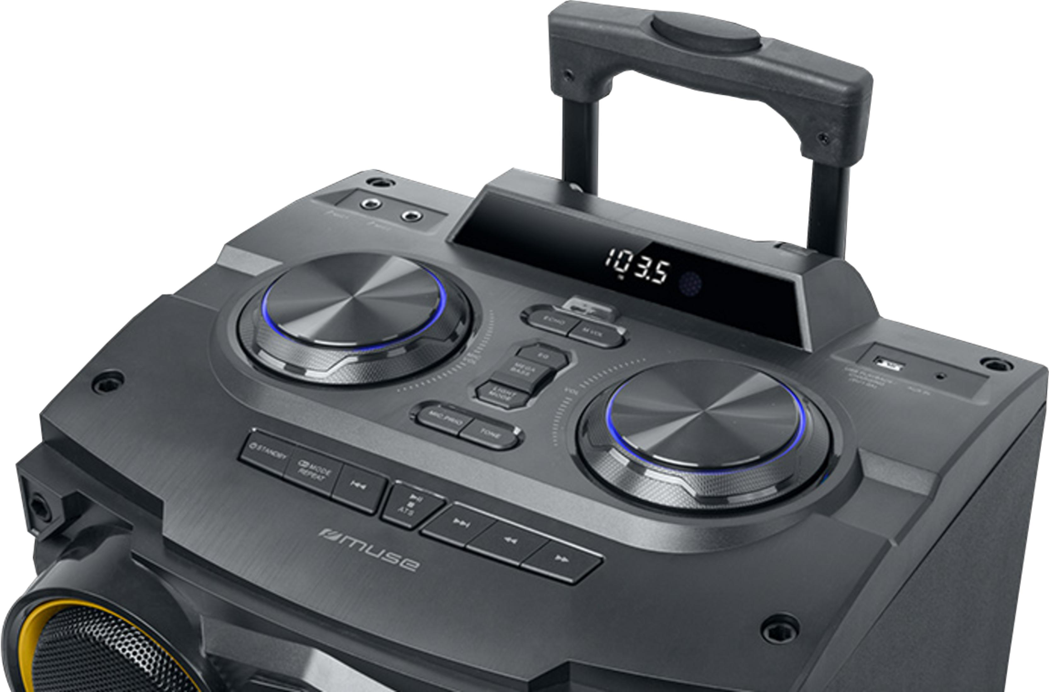 Un altoparlante portatile nero con manopole luminose blu e display digitale 103.5.