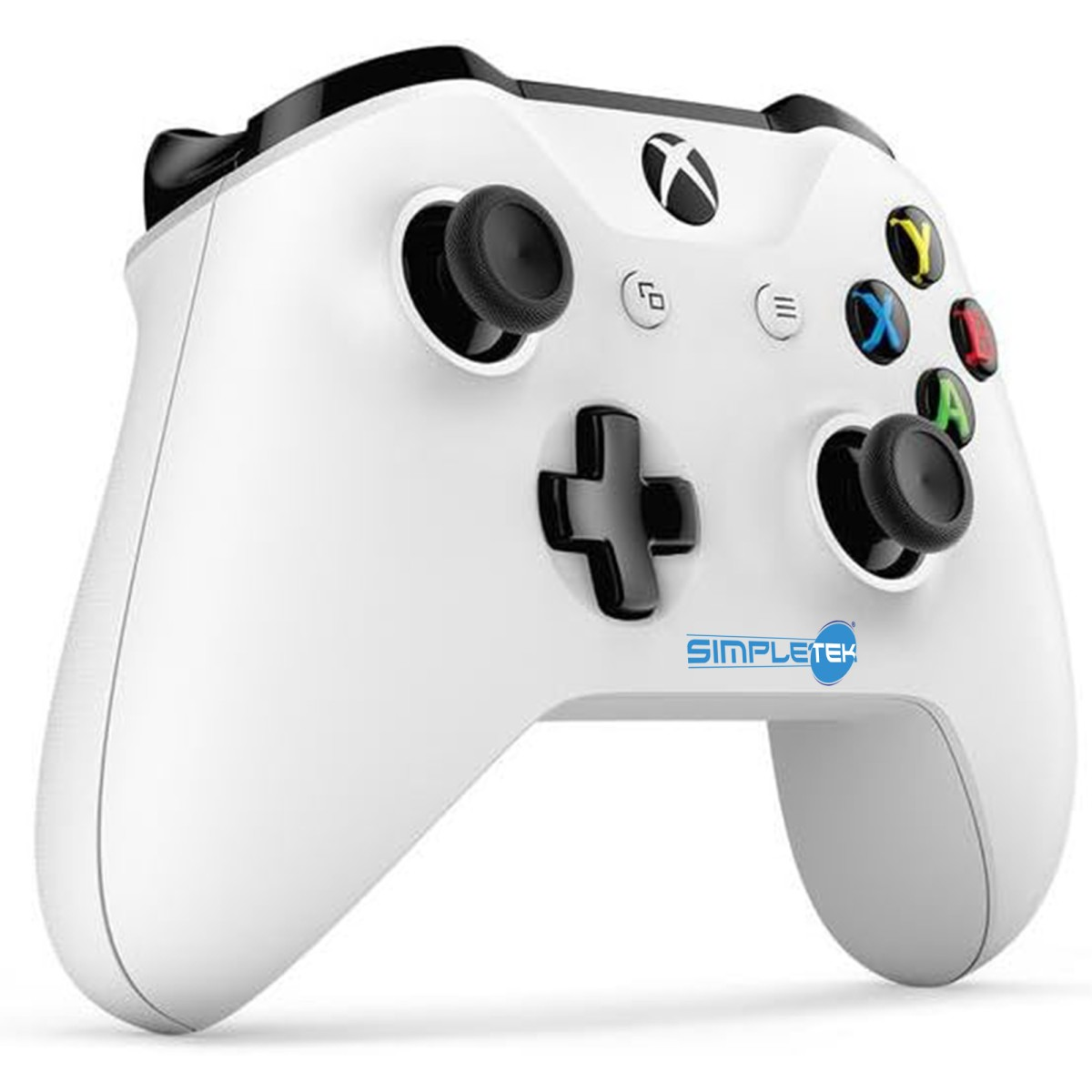 Ein weißer Xbox-Controller mit schwarzen Akzenten und farbigen Tasten.