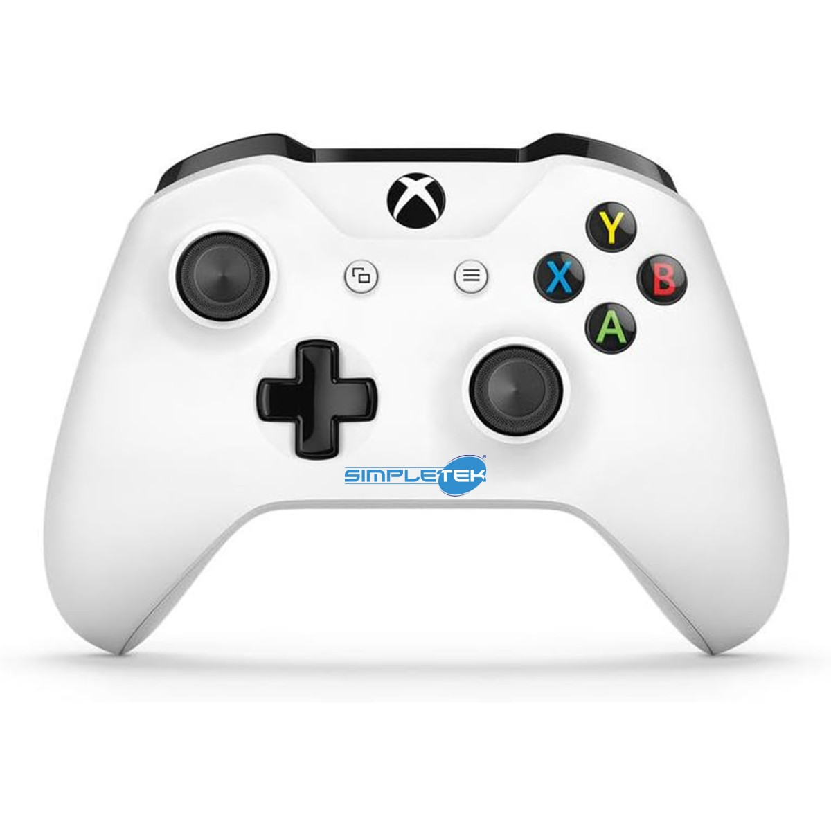 Weißer Xbox-Controller mit schwarzen Knöpfen und Steuerkreuz. Simpletek-Logo.