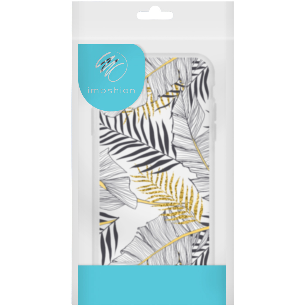 Emballage avec coque de téléphone à motif de feuilles noir, blanc et or.