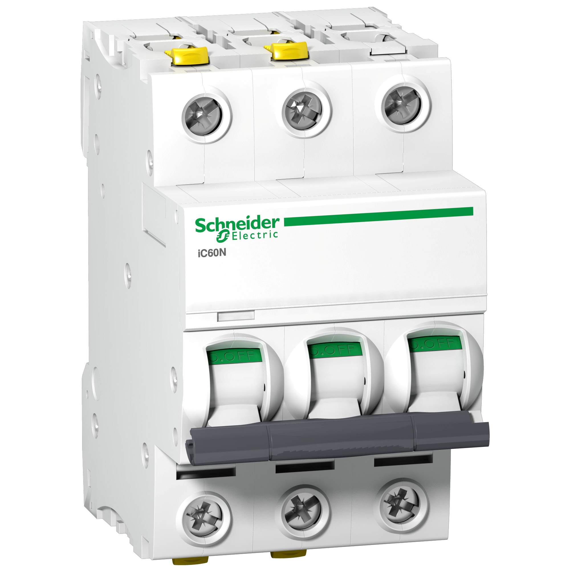 Un interruttore automatico bianco Schneider Electric a tre poli con leve di sgancio gialle e interruttori verdi.