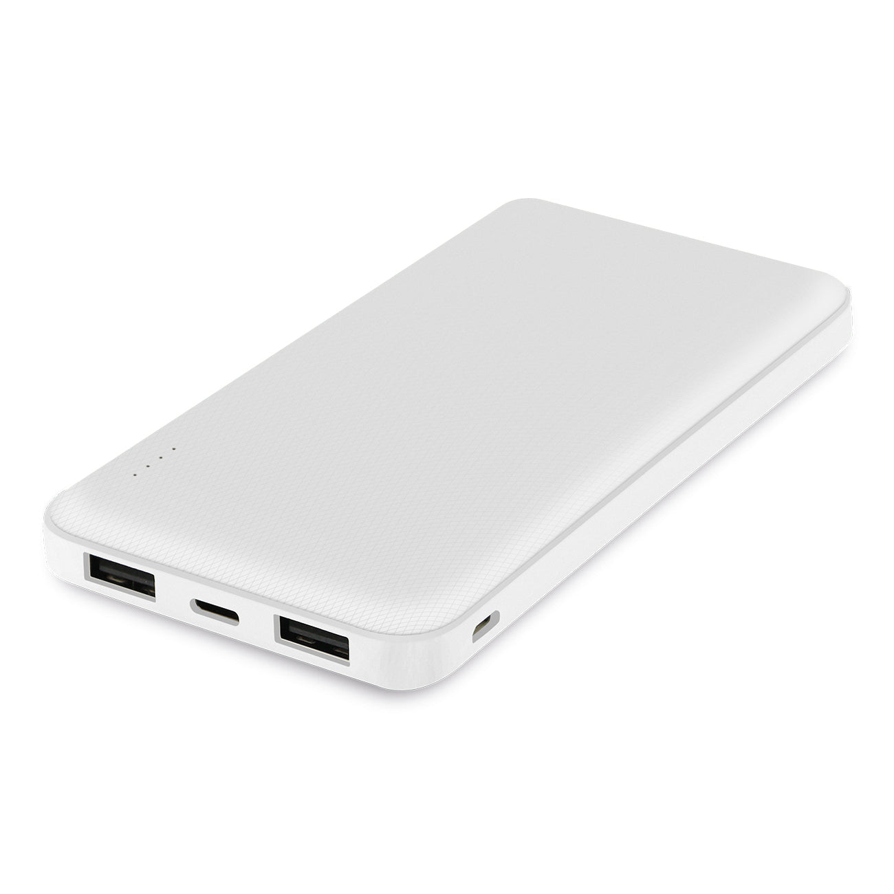Ein weißes Powerbank mit zwei USB-Anschlüssen, einem USB-C-Anschluss und vier LEDs.