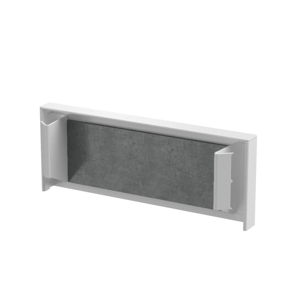 Una cornice rettangolare bianca con pannello posteriore grigio testurizzato e supporti laterali.