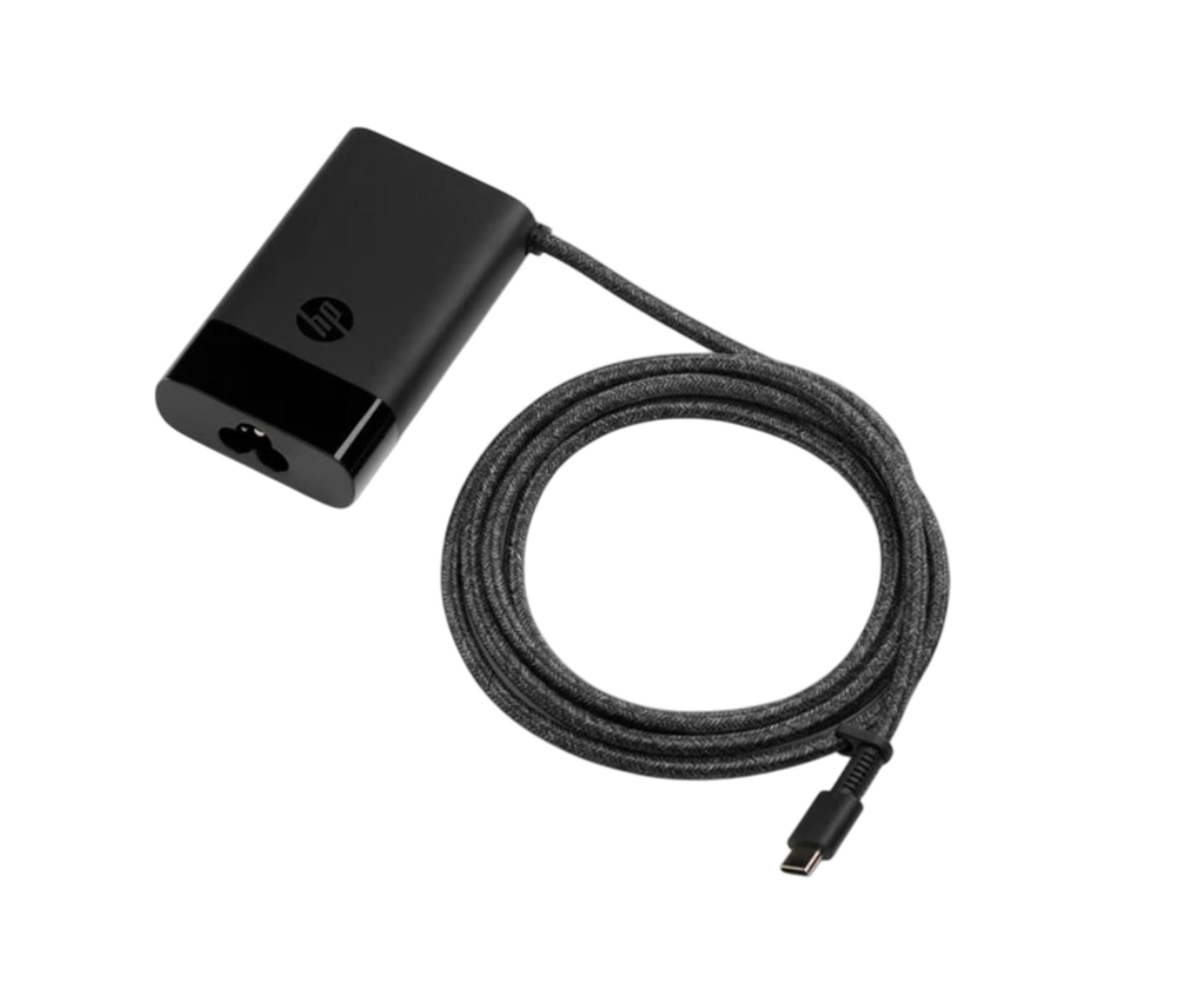 Caricatore nero per laptop HP con cavo USB-C e cavo in tessuto grigio.