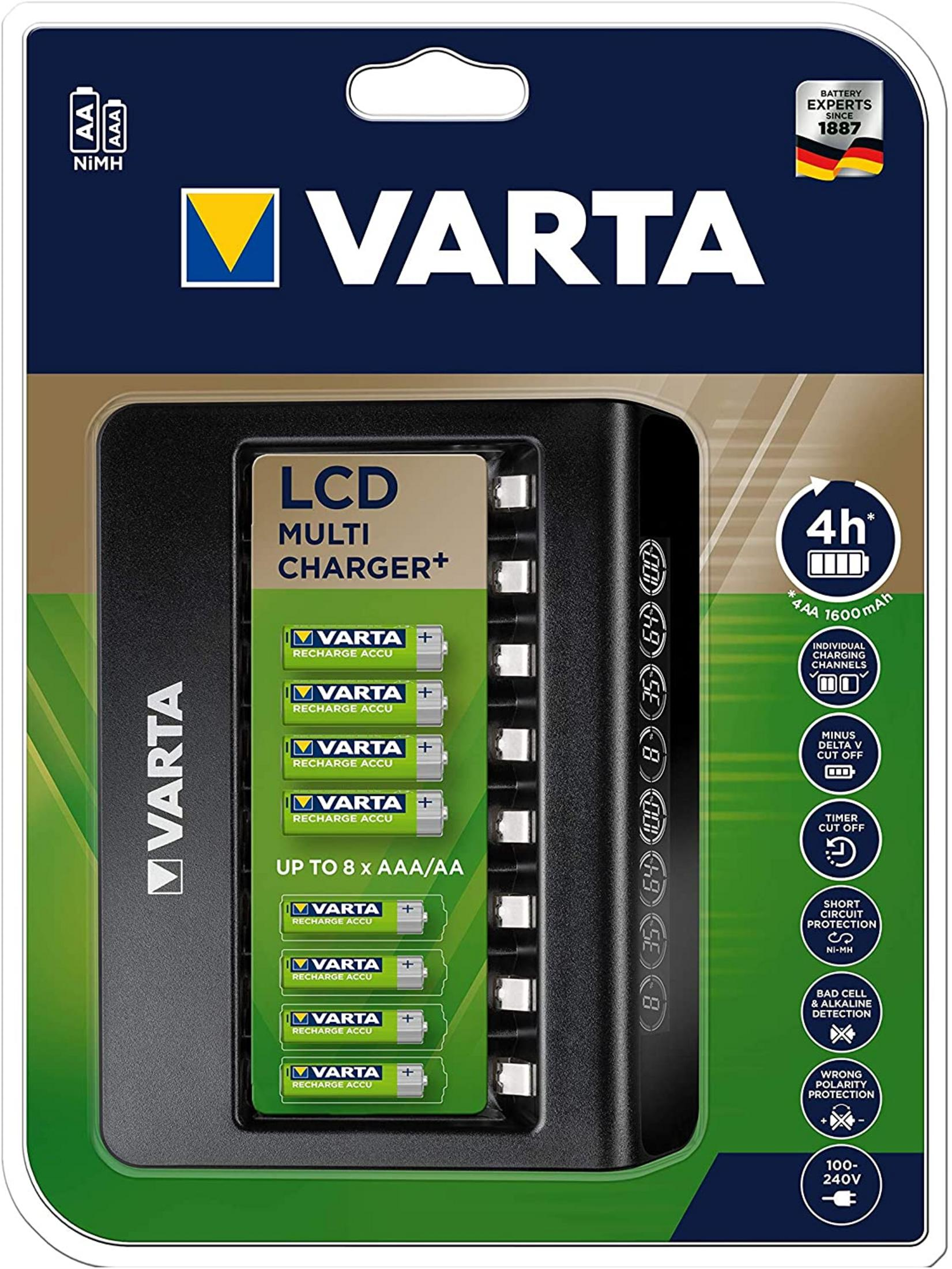 Cargador múltiple Varta LCD para hasta 8 pilas AA/AAA con indicadores.