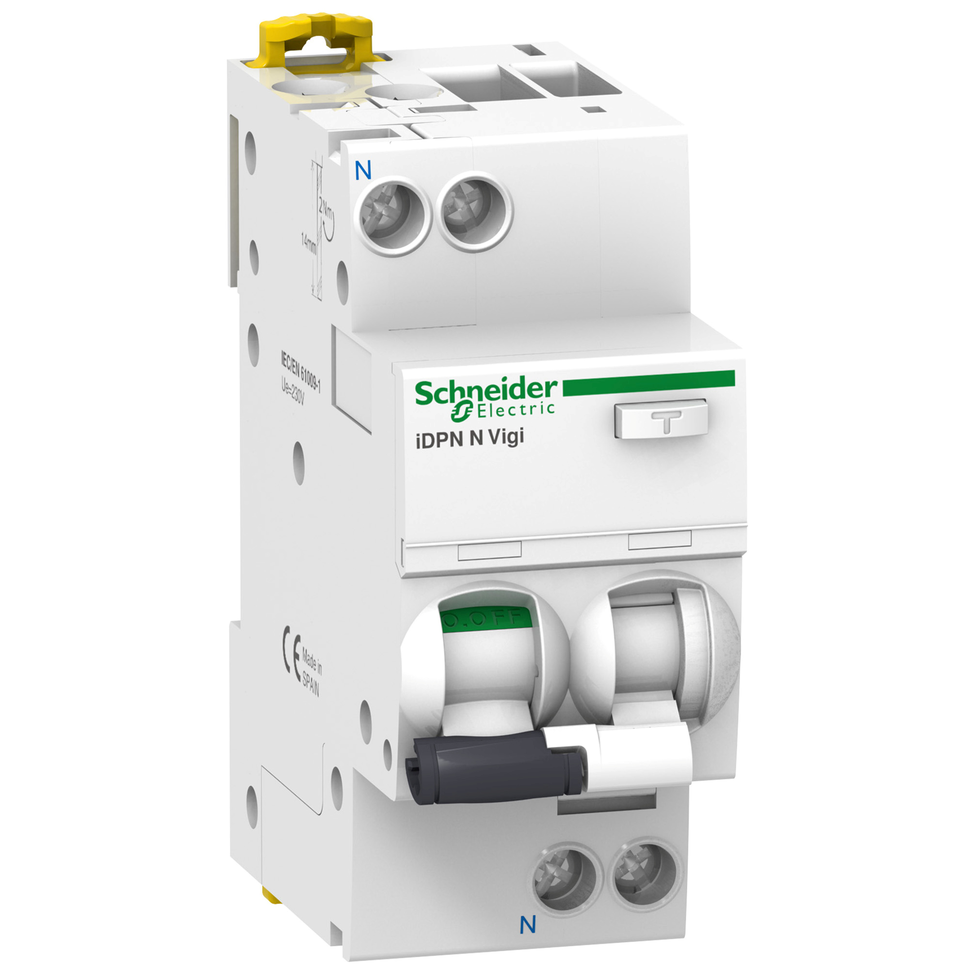 Un interruttore automatico Schneider Electric iDPN N Vigi bianco con maniglia gialla in alto.