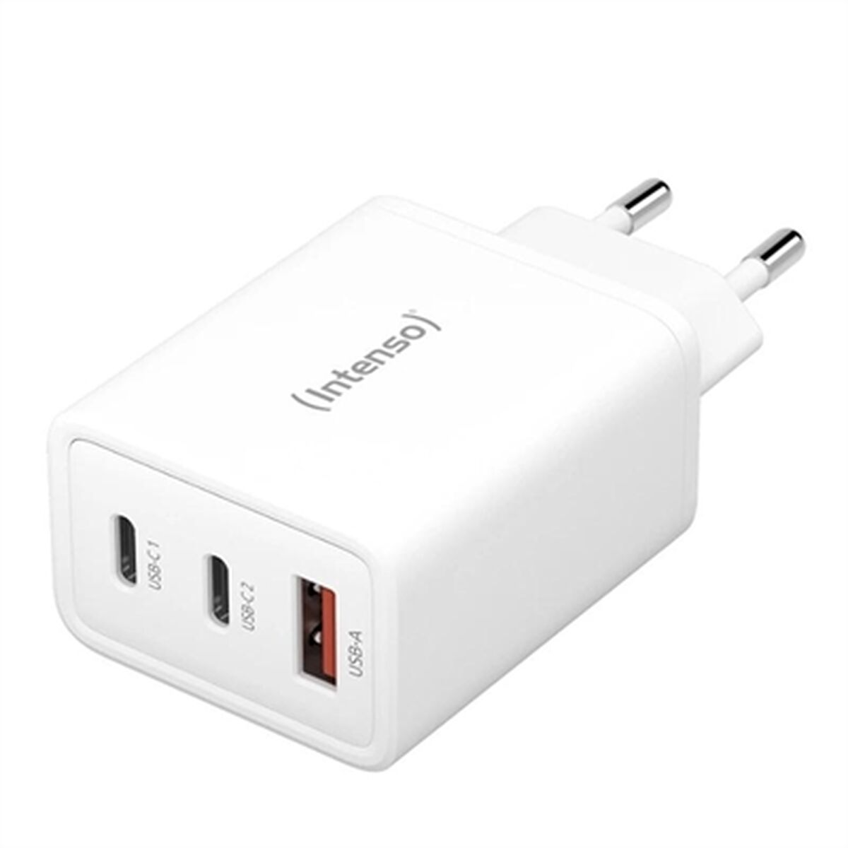 Un caricatore USB Intenso bianco con due porte USB-C e una porta USB-A.
