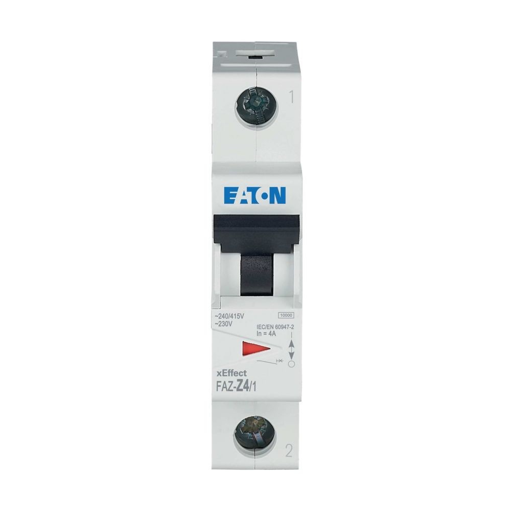 Un interruttore automatico Eaton bianco con leva nera e testo.
