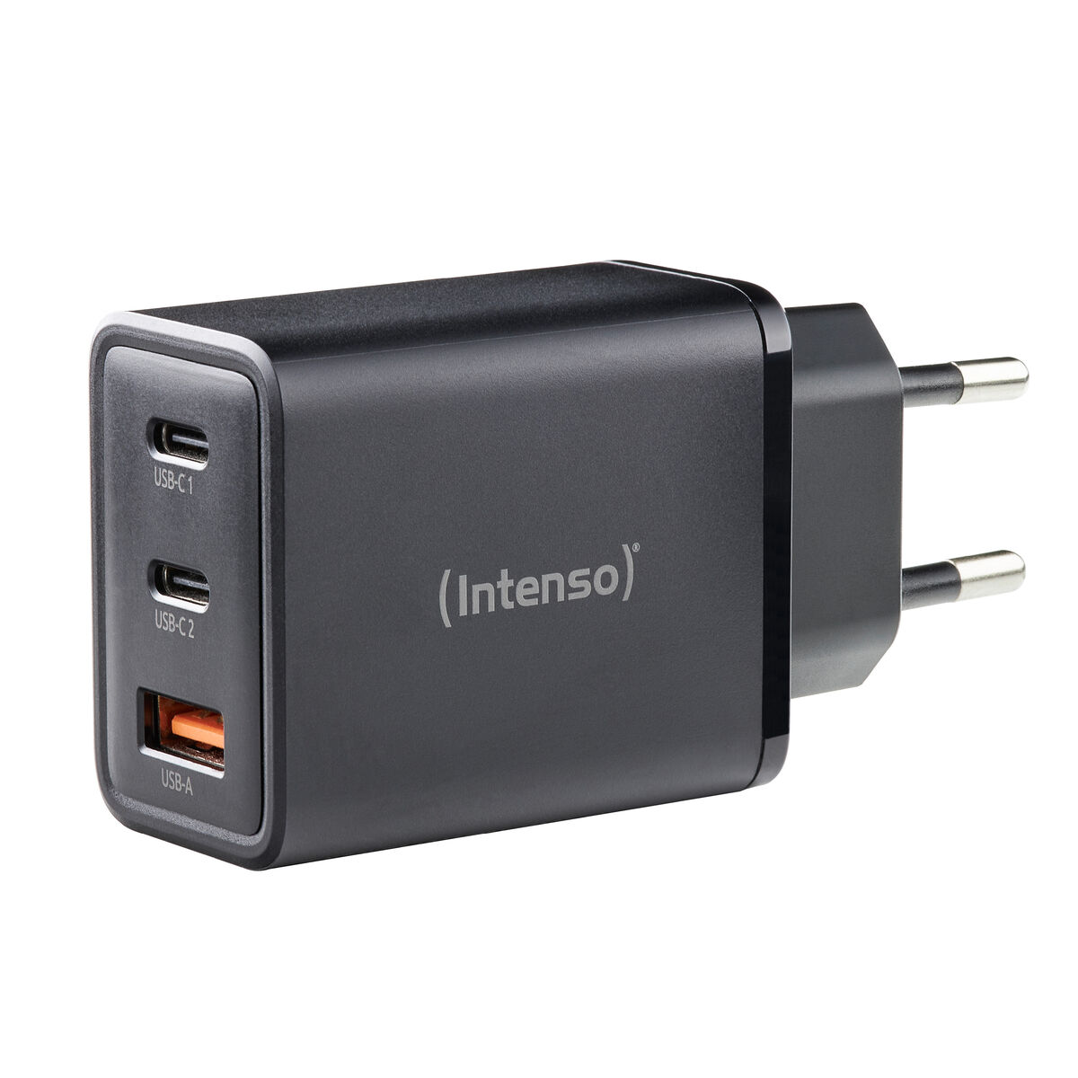 Adattatore caricabatterie da muro nero con due porte USB-C e una USB-A.