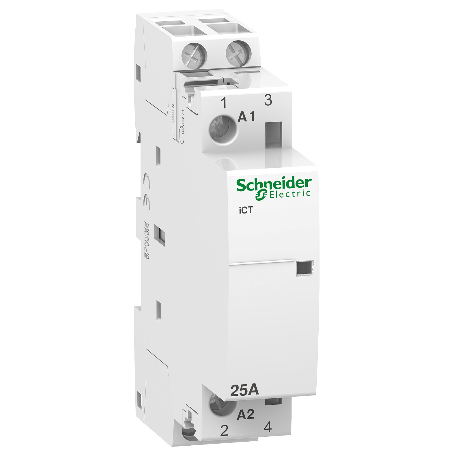 Un contattore Schneider Electric ICT bianco con etichette e morsetti a vite.
