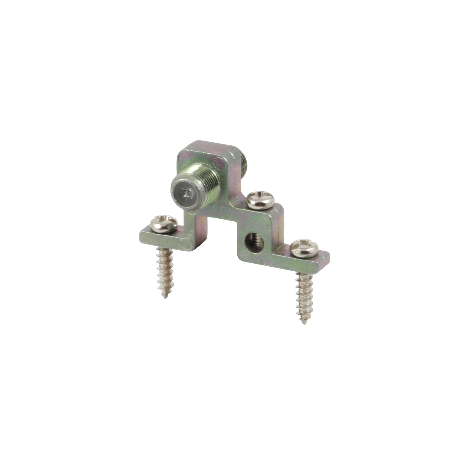 Un supporto argentato per connettore antenna con due viti e due bulloni.