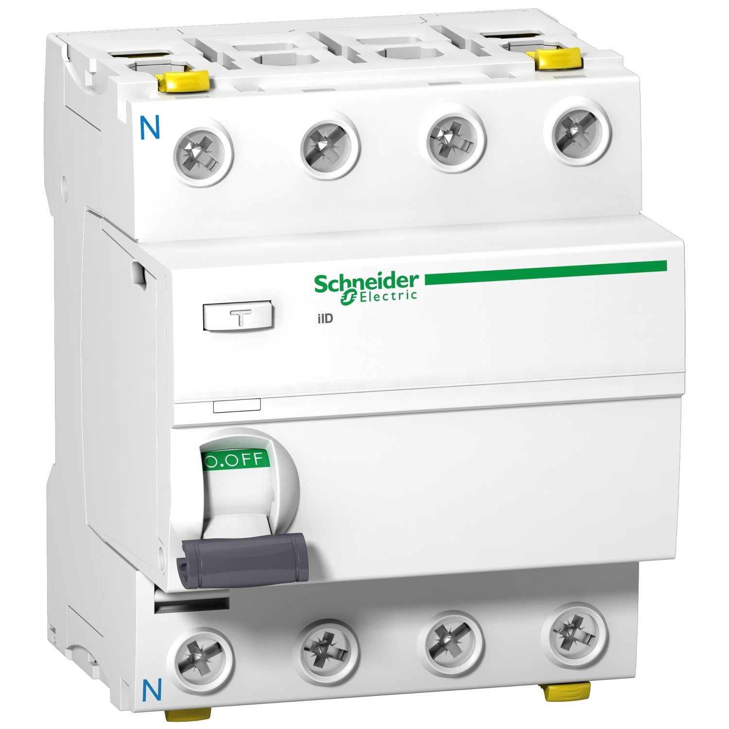 Un interruttore automatico Schneider Electric bianco con leva grigia ON/OFF.