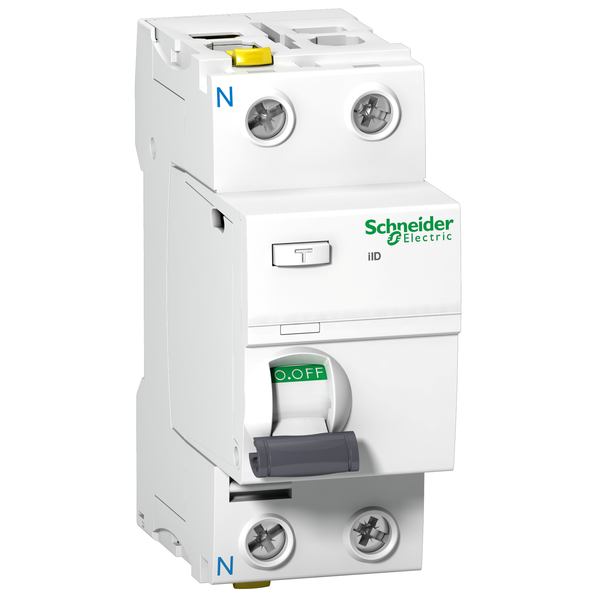 Un interruttore automatico Schneider Electric iID bianco con leva grigia e marcatura verde.