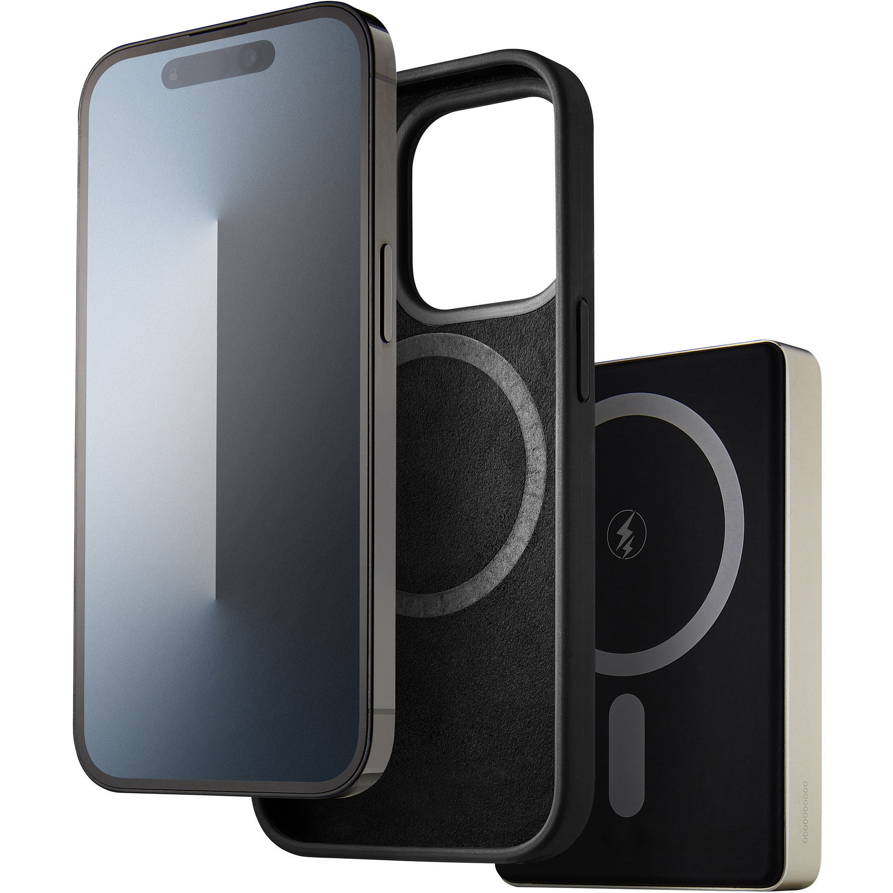 Uno smartphone, una custodia nera e un caricabatterie wireless.