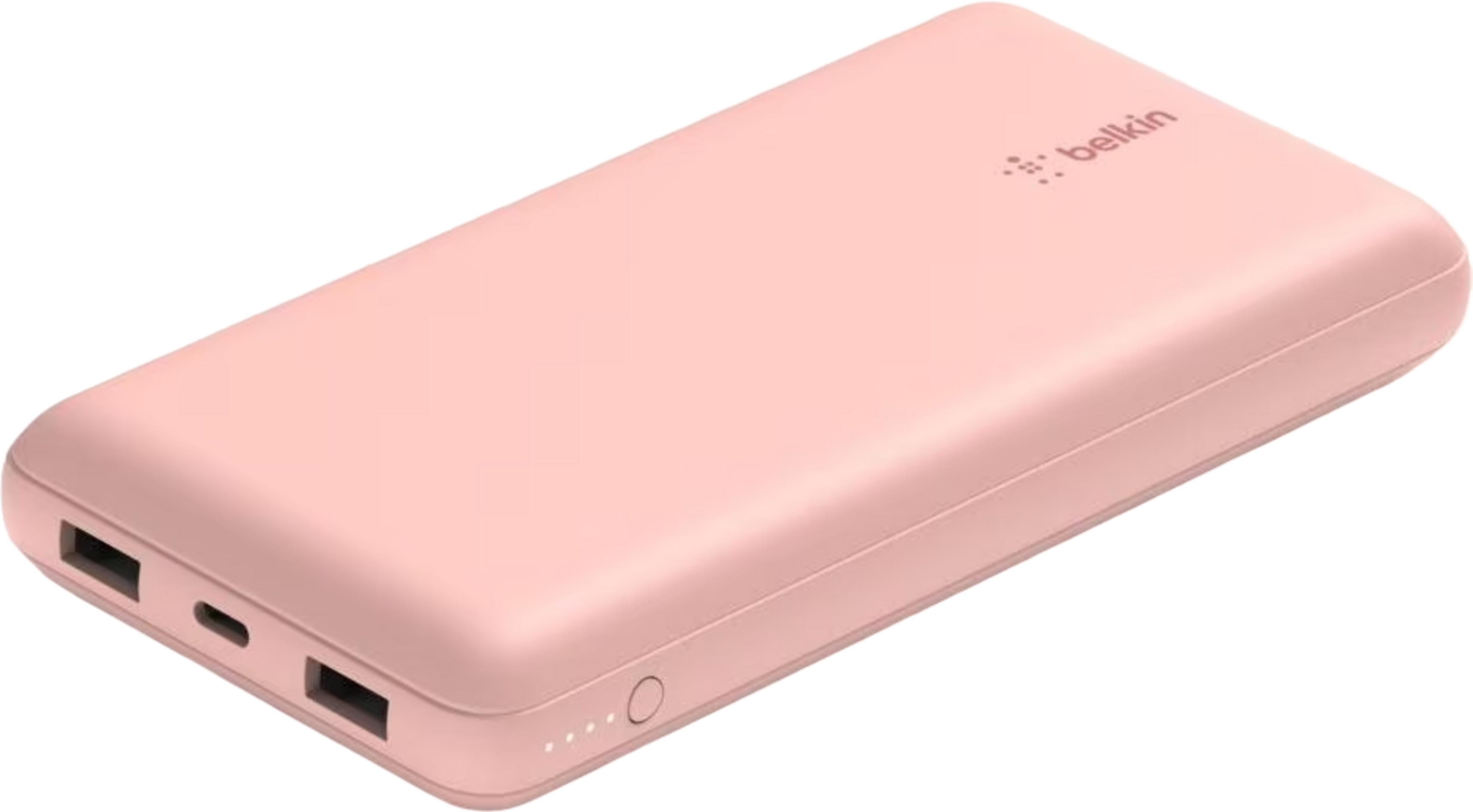 Une batterie externe rose avec deux ports USB et un port USB-C.