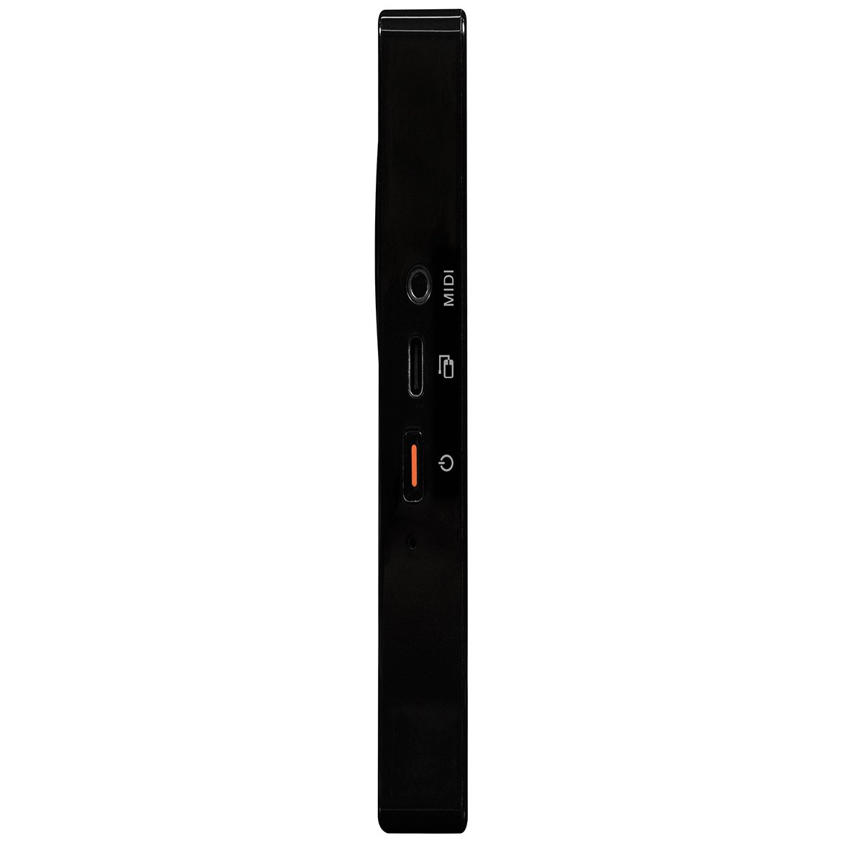 MIDI, USB ve güç anahtarı bağlantı noktalarına sahip siyah cihaz.