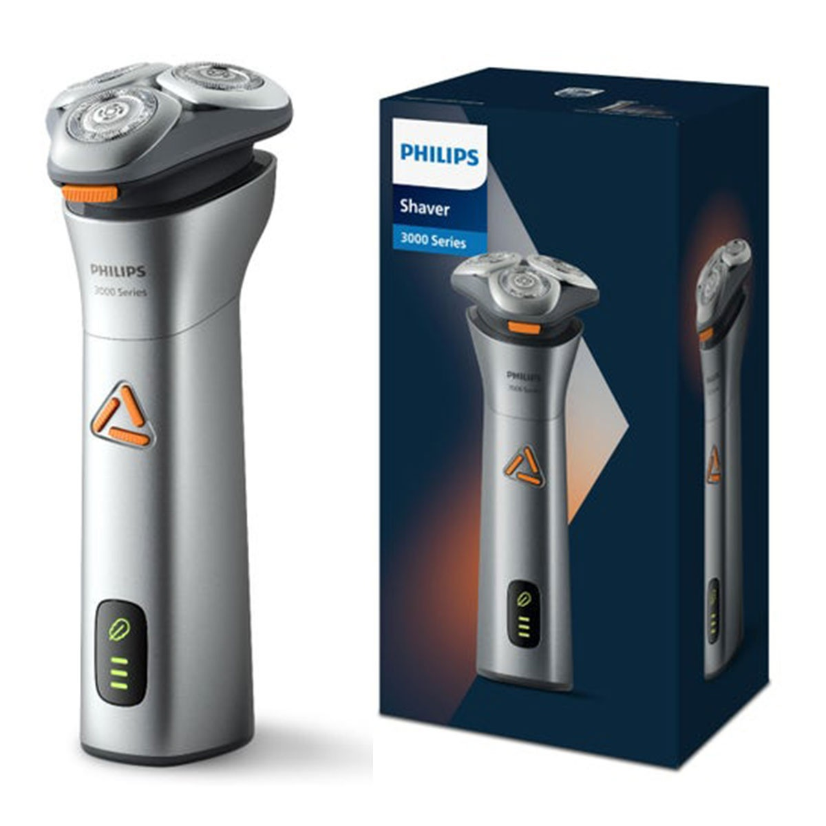 Una afeitadora Philips 3000 Series plateada y su embalaje.