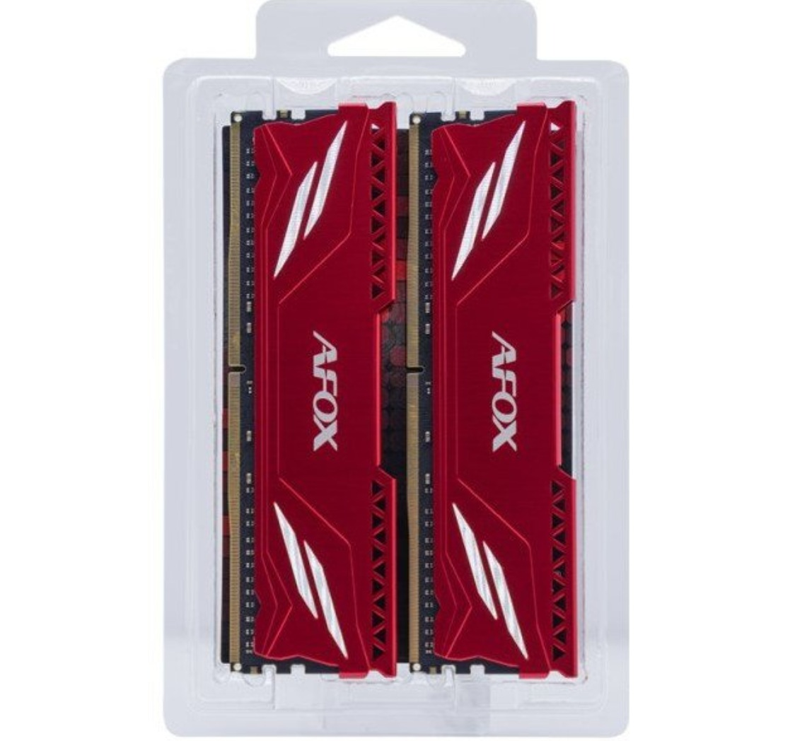 Dwa czerwone moduły RAM ze srebrnymi akcentami i logo 'AFOX' w przezroczystym opakowaniu.
