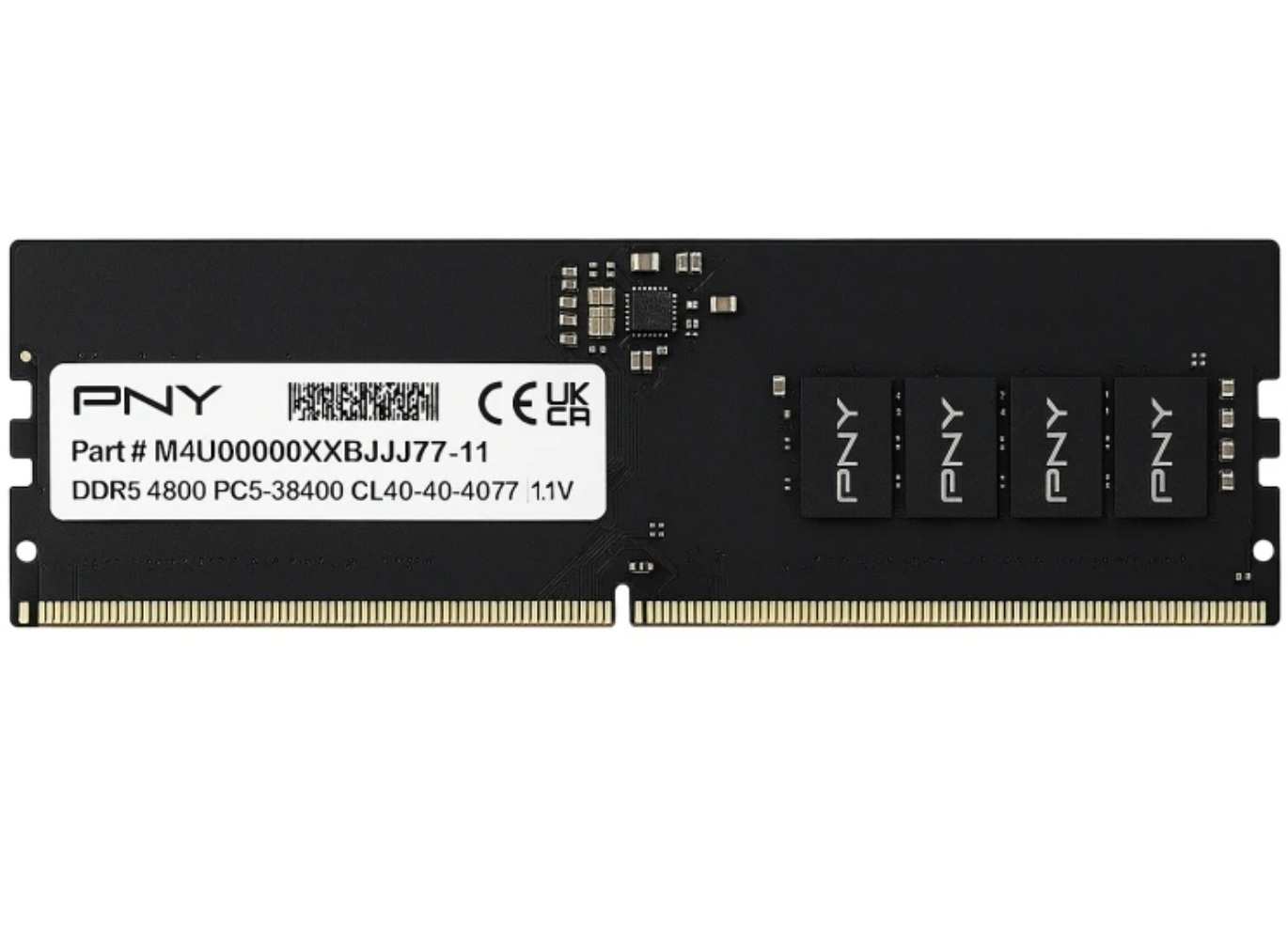 Un modulo RAM PNY DDR5 nero con contatti dorati ed etichette stampate.