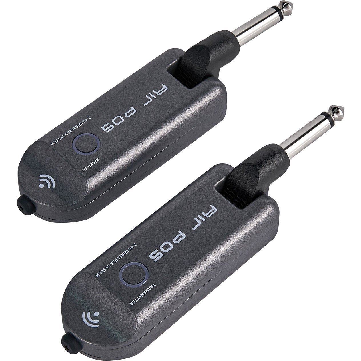 Twee grijze 2,4G draadloze zenders voor muziekinstrumenten, met jackpluggen.