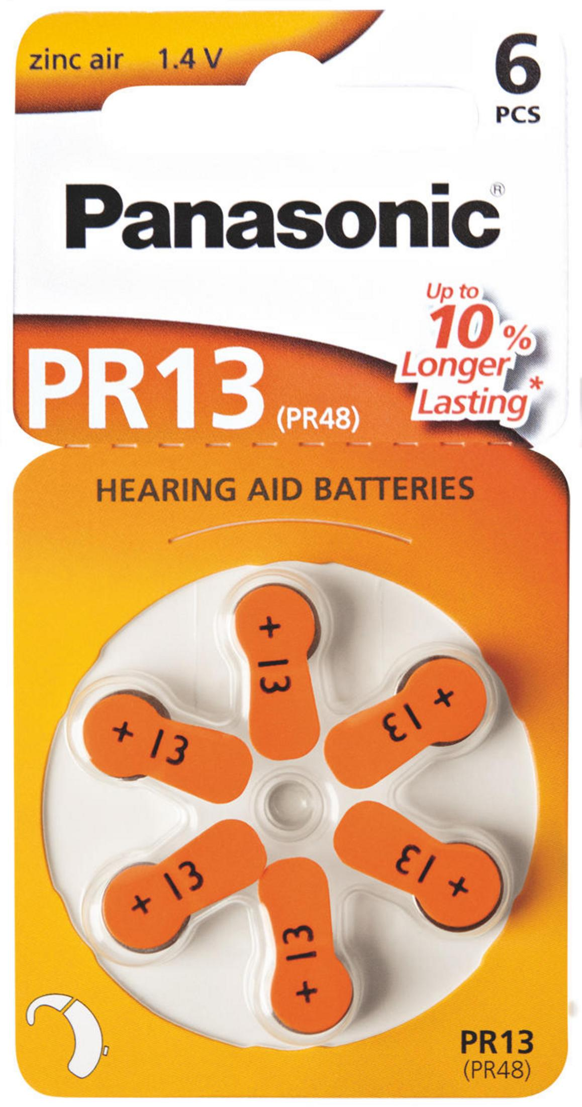 Pilas Panasonic PR13 para audífonos, 6 uds. Naranjas con signo más y 13.