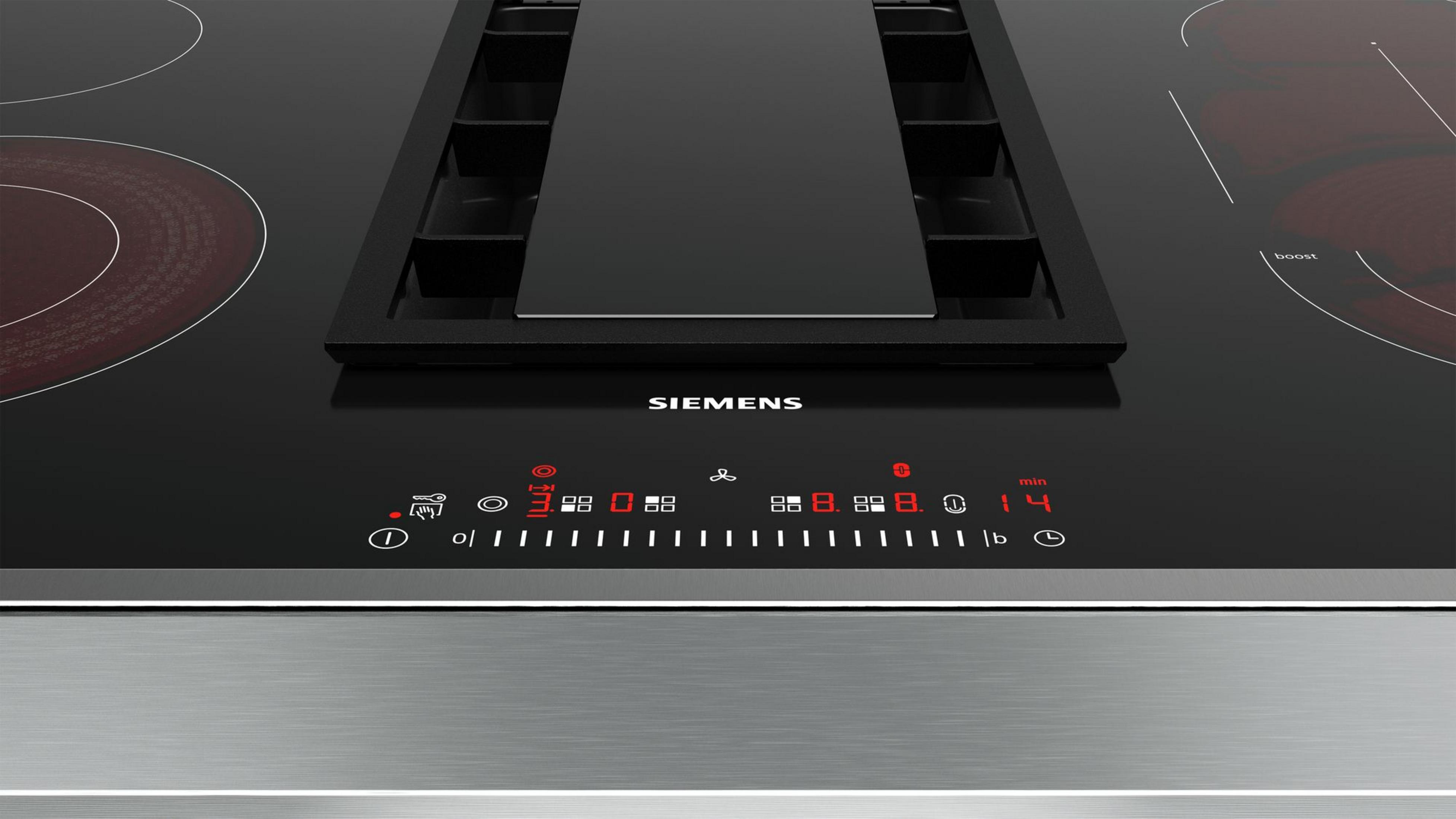 Siemens inductiekookplaat met touch controlpaneel en geïntegreerd ventilatierooster.