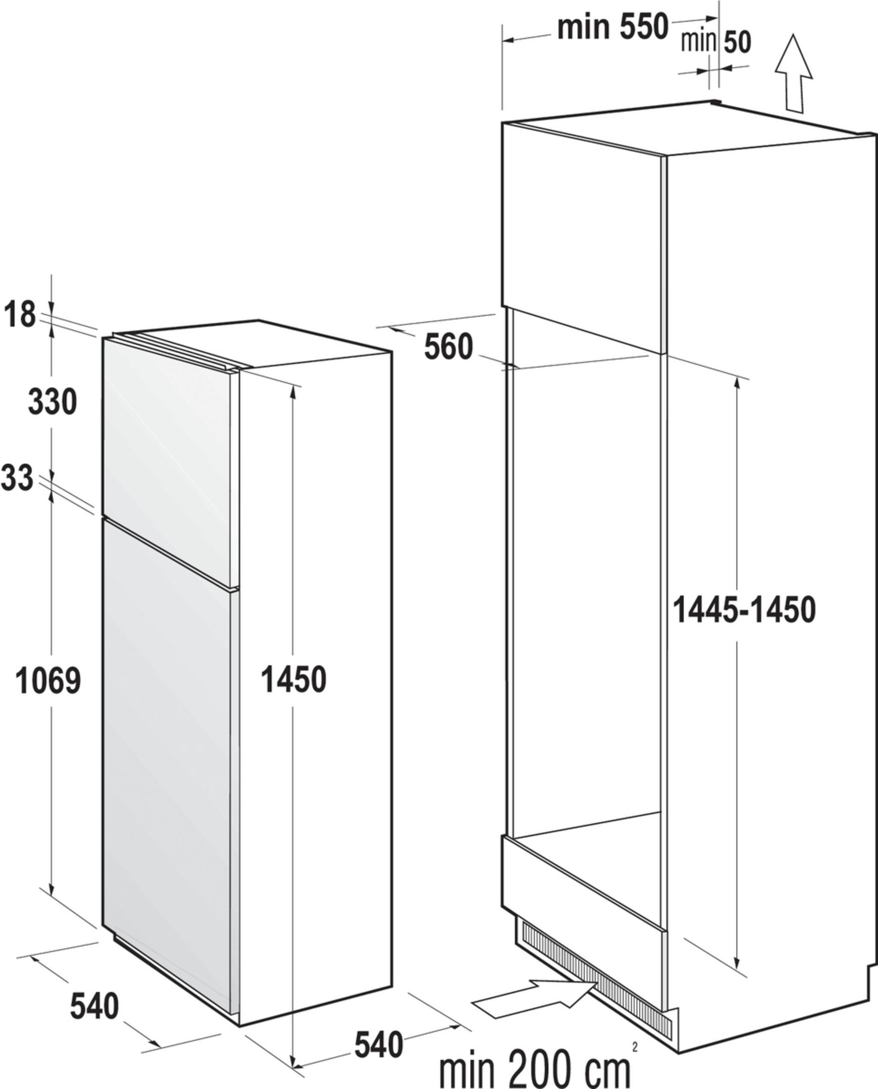 Disegno tecnico di un frigorifero con dimensioni e linee guida per l'installazione.