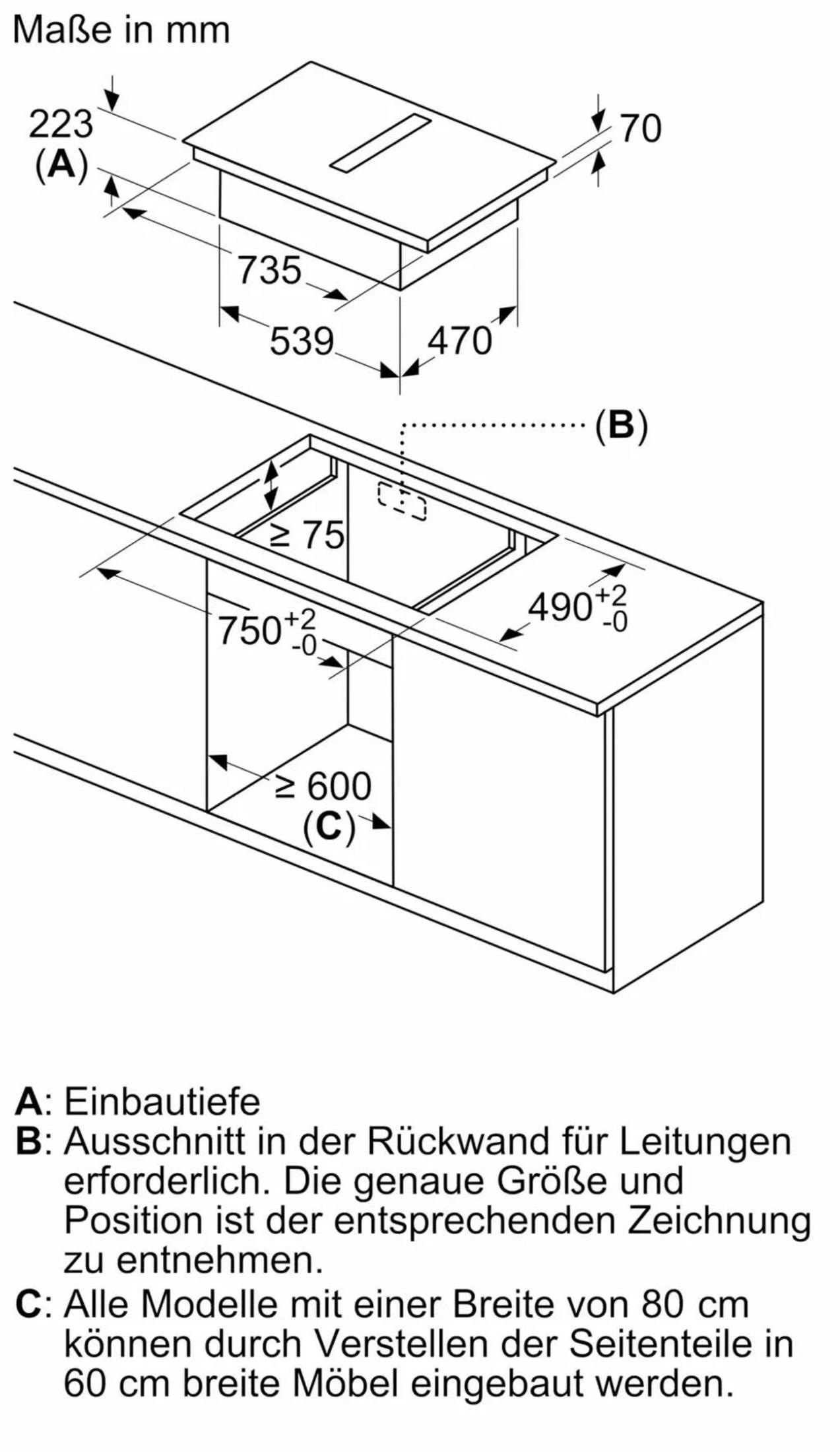 Dibujo técnico con dimensiones para electrodomésticos empotrables en mm.