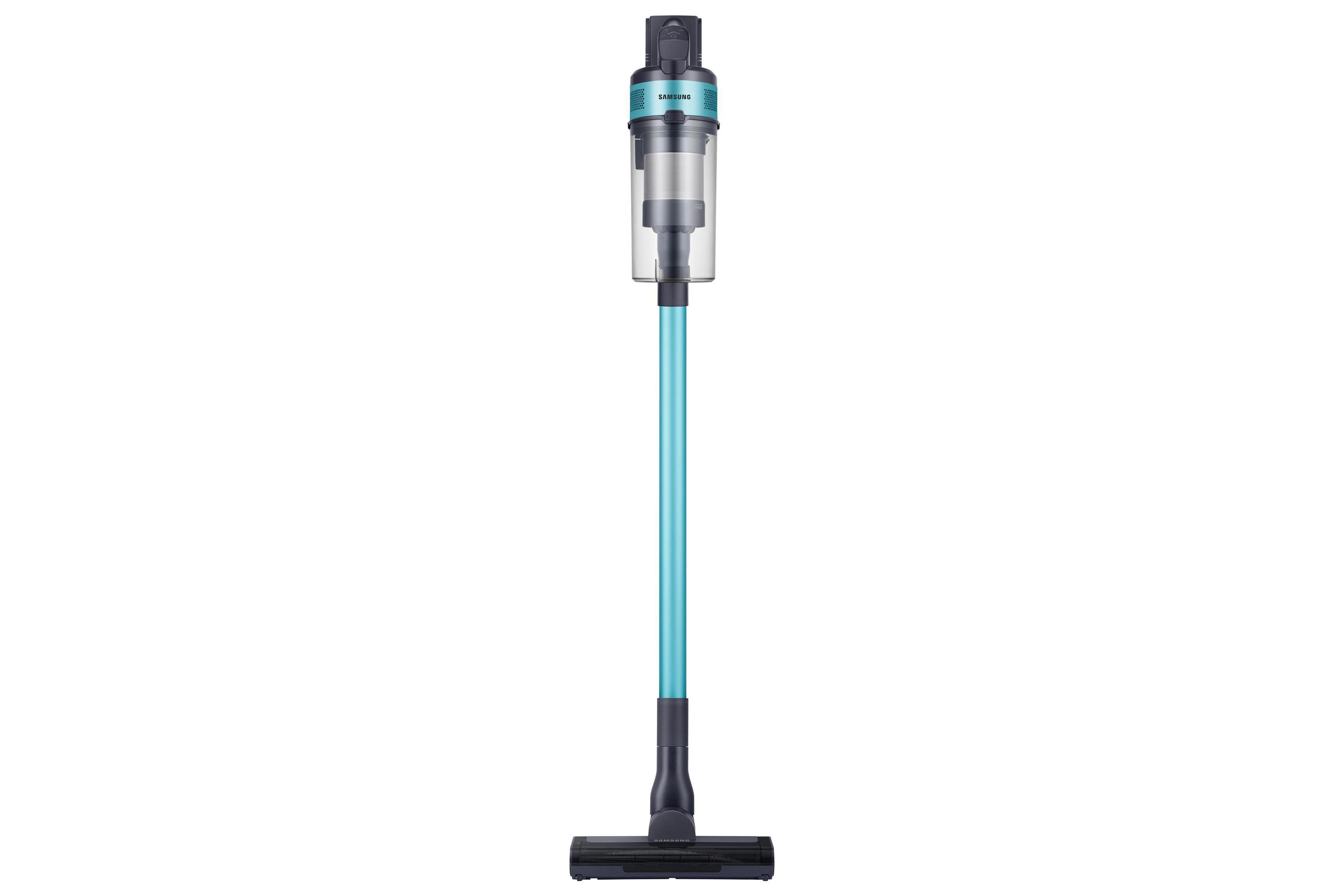 Una aspiradora Samsung azul con depósito transparente y cabezal negro.