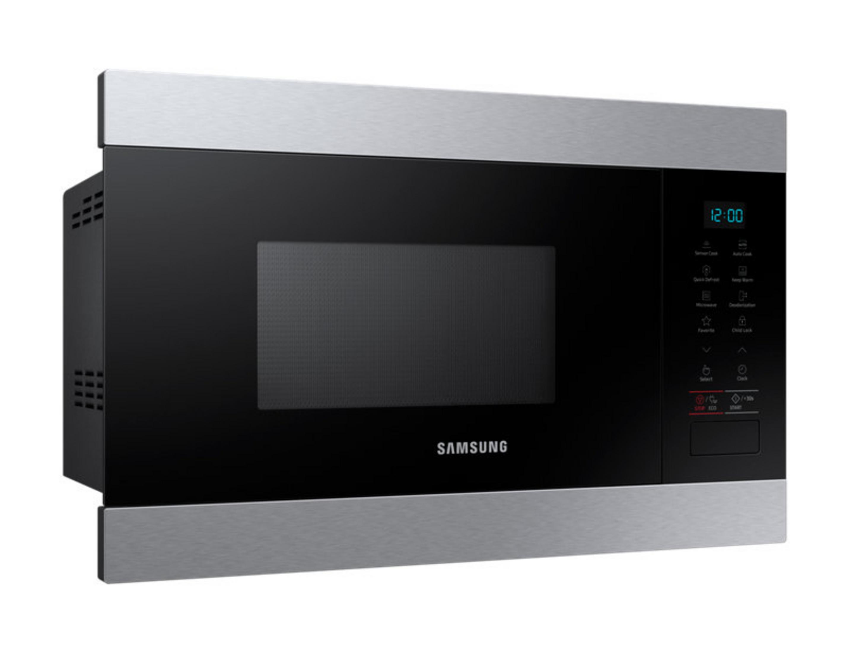 Ein Samsung Mikrowellenherd mit schwarzer Tür und Edelstahldetails.