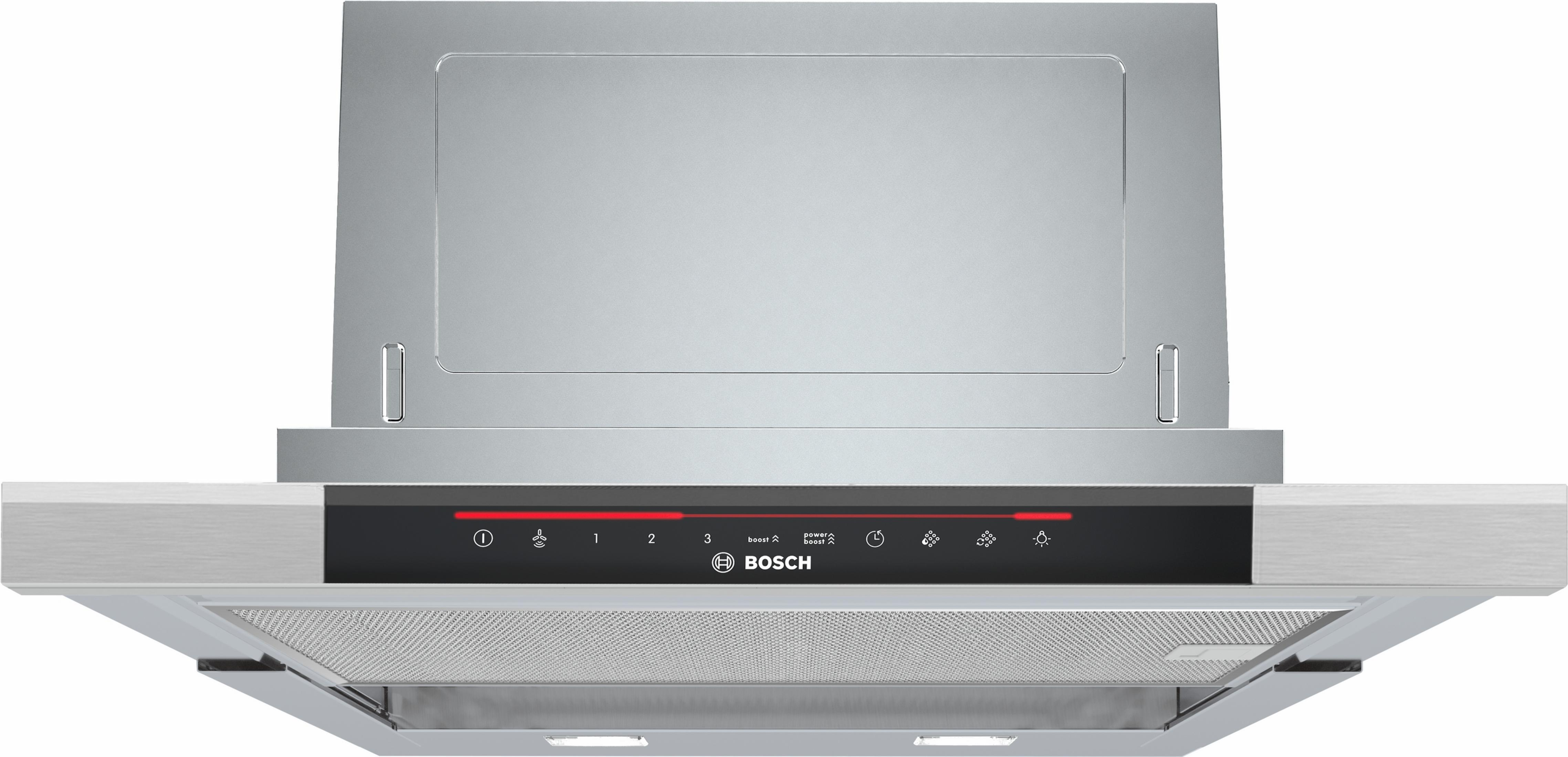 A silver range hood with a black control panel and red display.