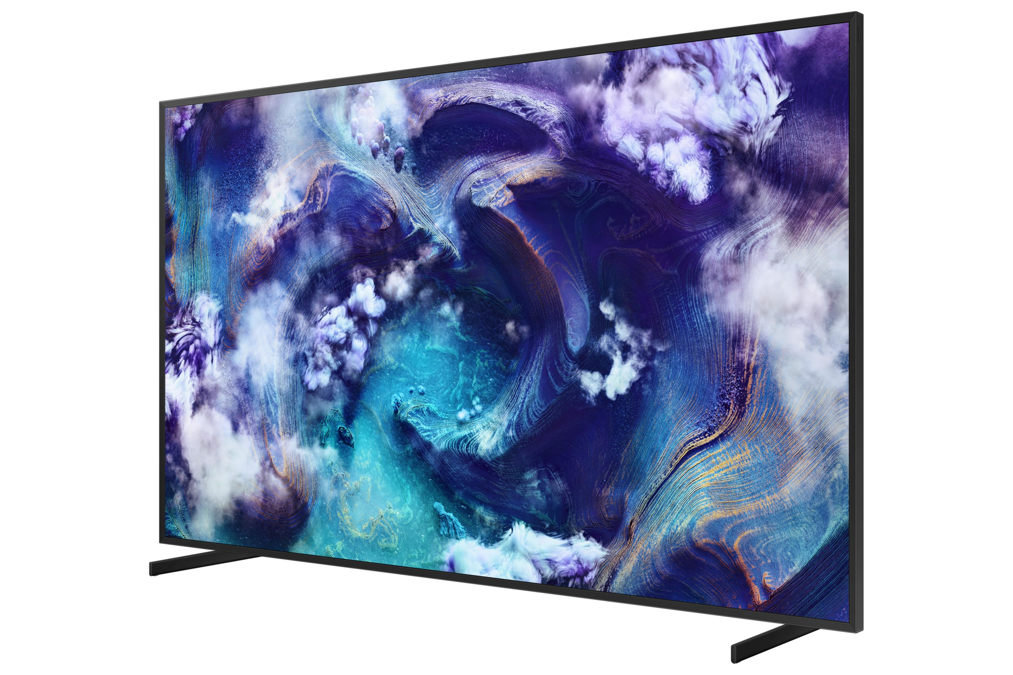 A modern television displaying an abstract, swirling pattern in blue and purple hues.