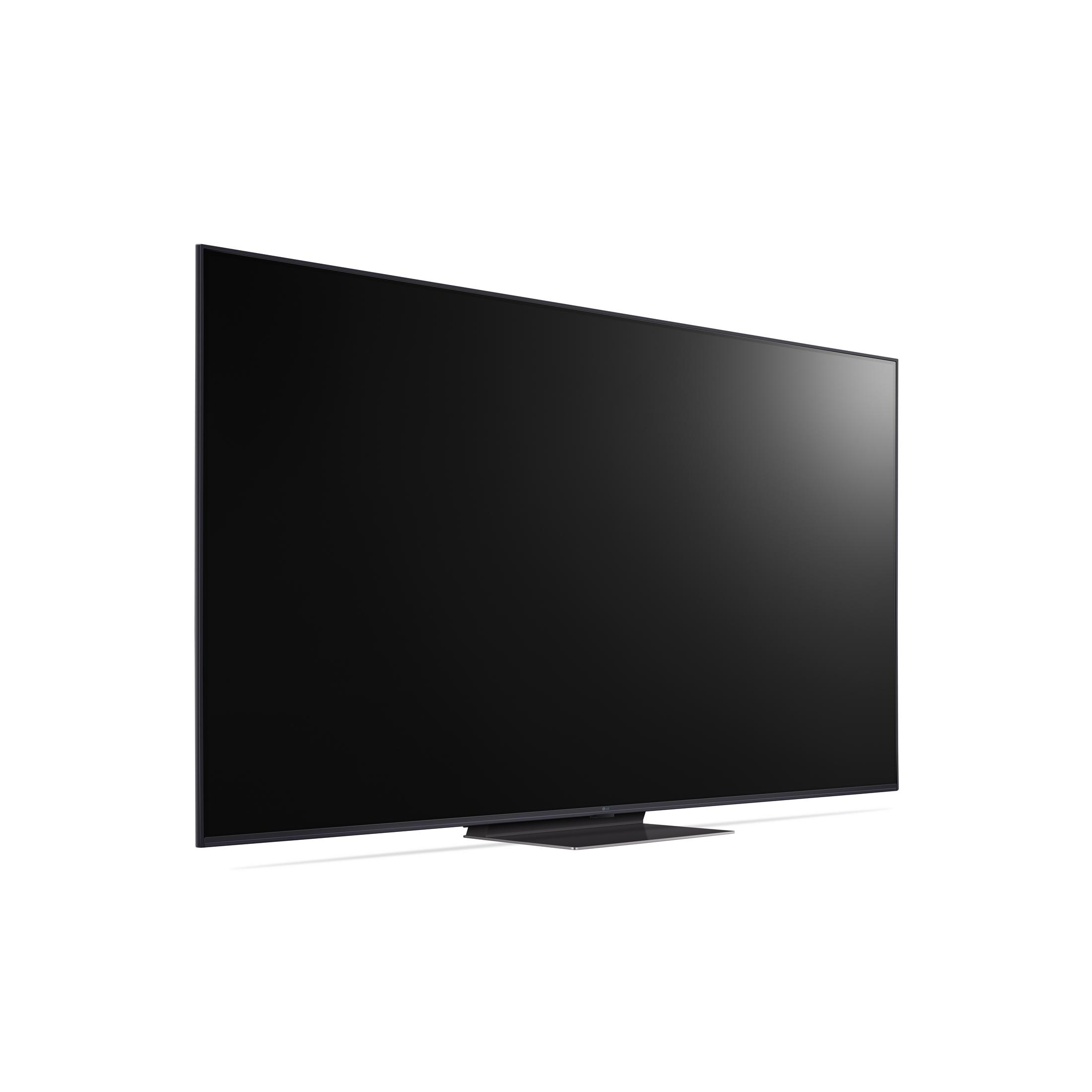 Een zwarte televisie met een slanke standaard, op een witte achtergrond.