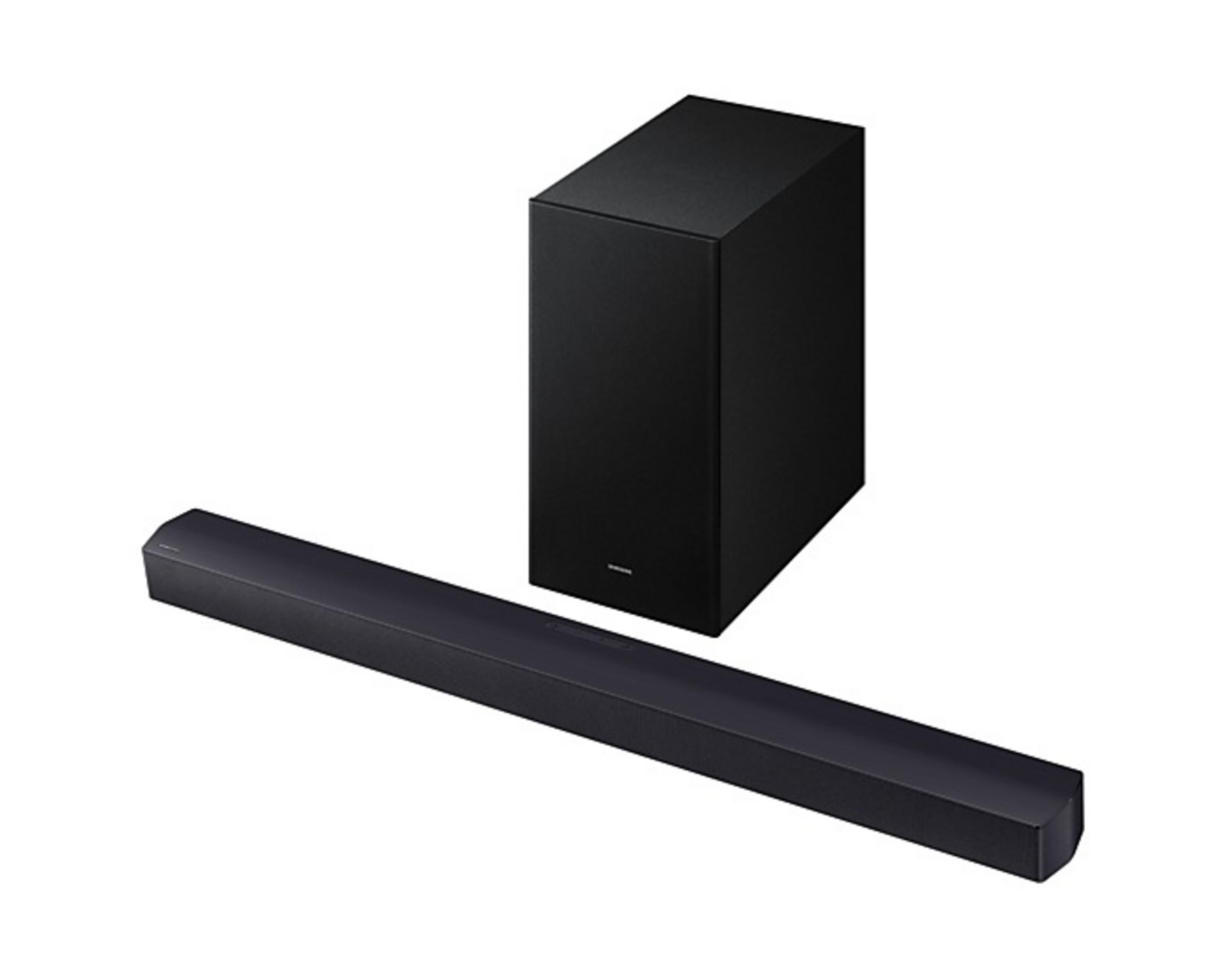 Barre de son et caisson de basses noirs sur fond blanc.
