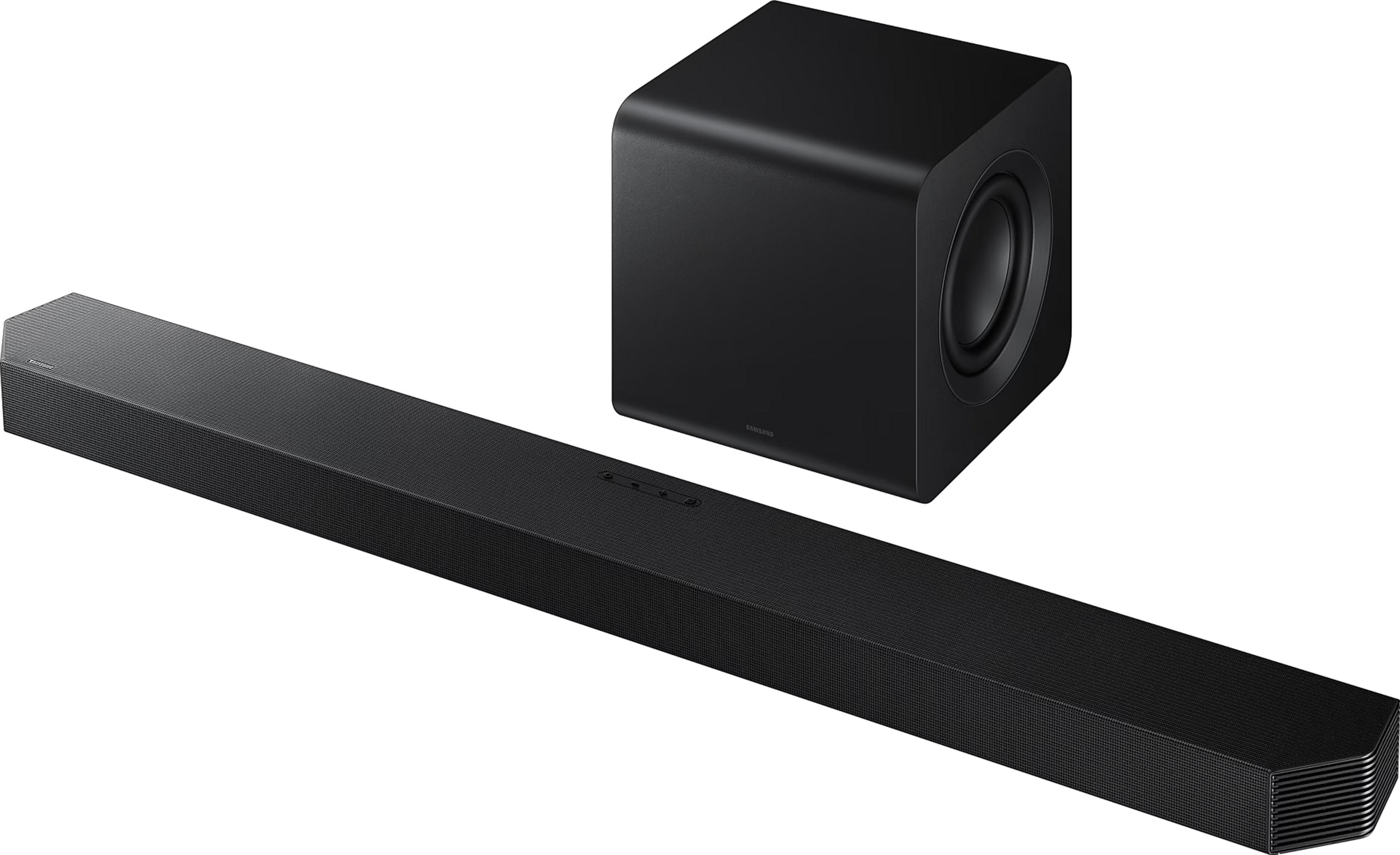 Black soundbar and subwoofer on a white background.