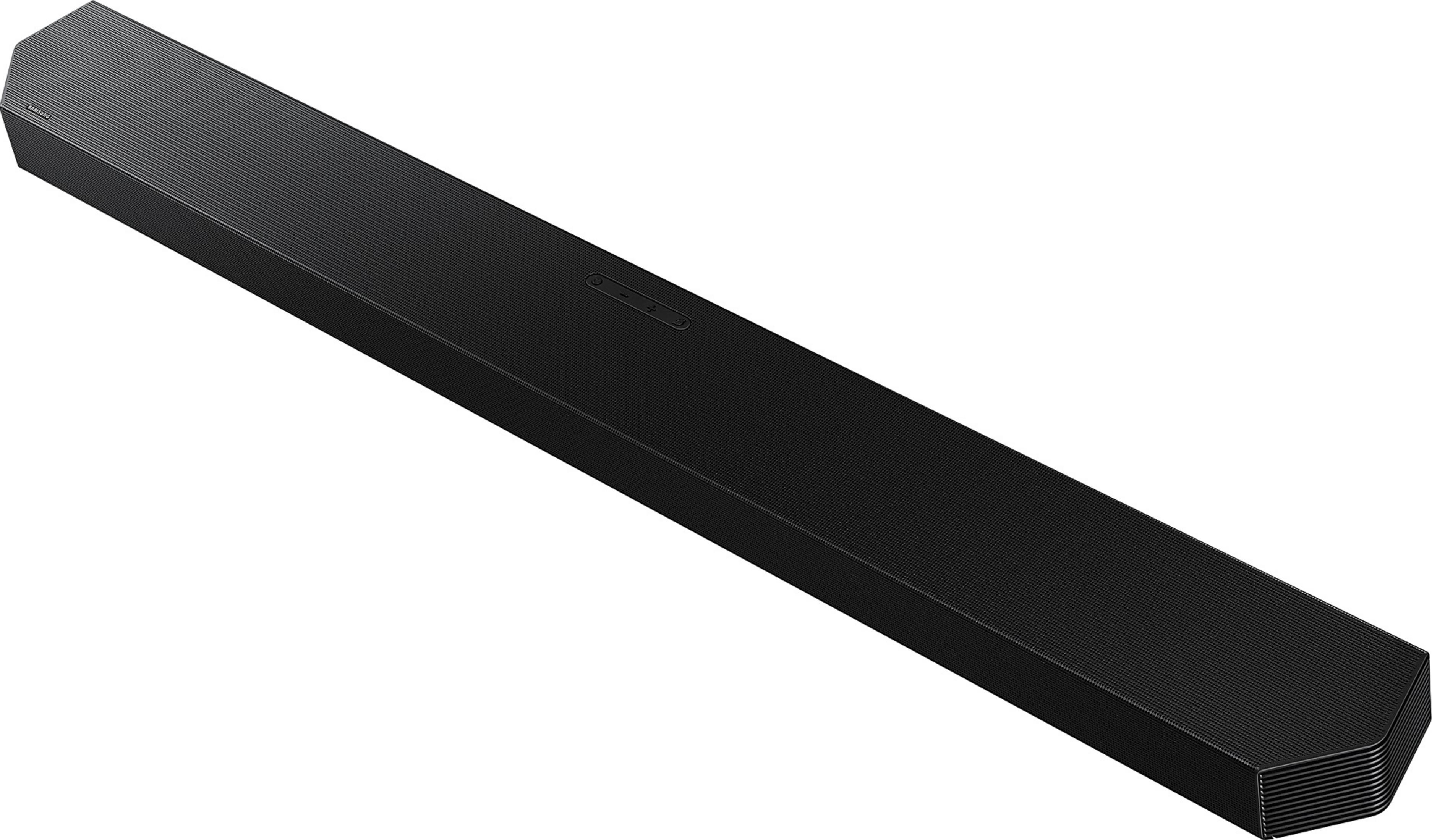 Black, elongated soundbar with a ribbed surface and buttons.