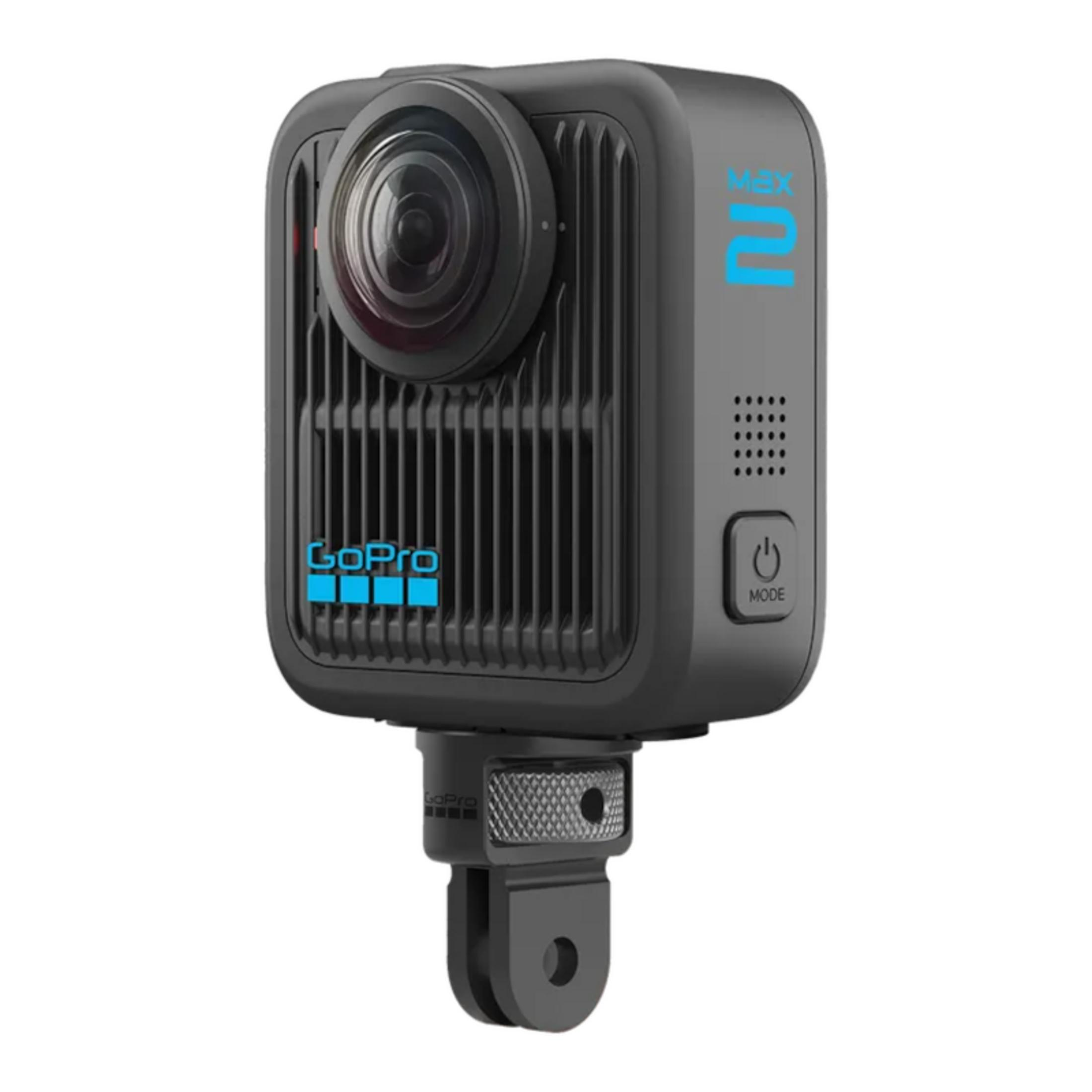 Fotocamera nera a 360 gradi con logo GoPro ed etichetta 'MAX 2'.