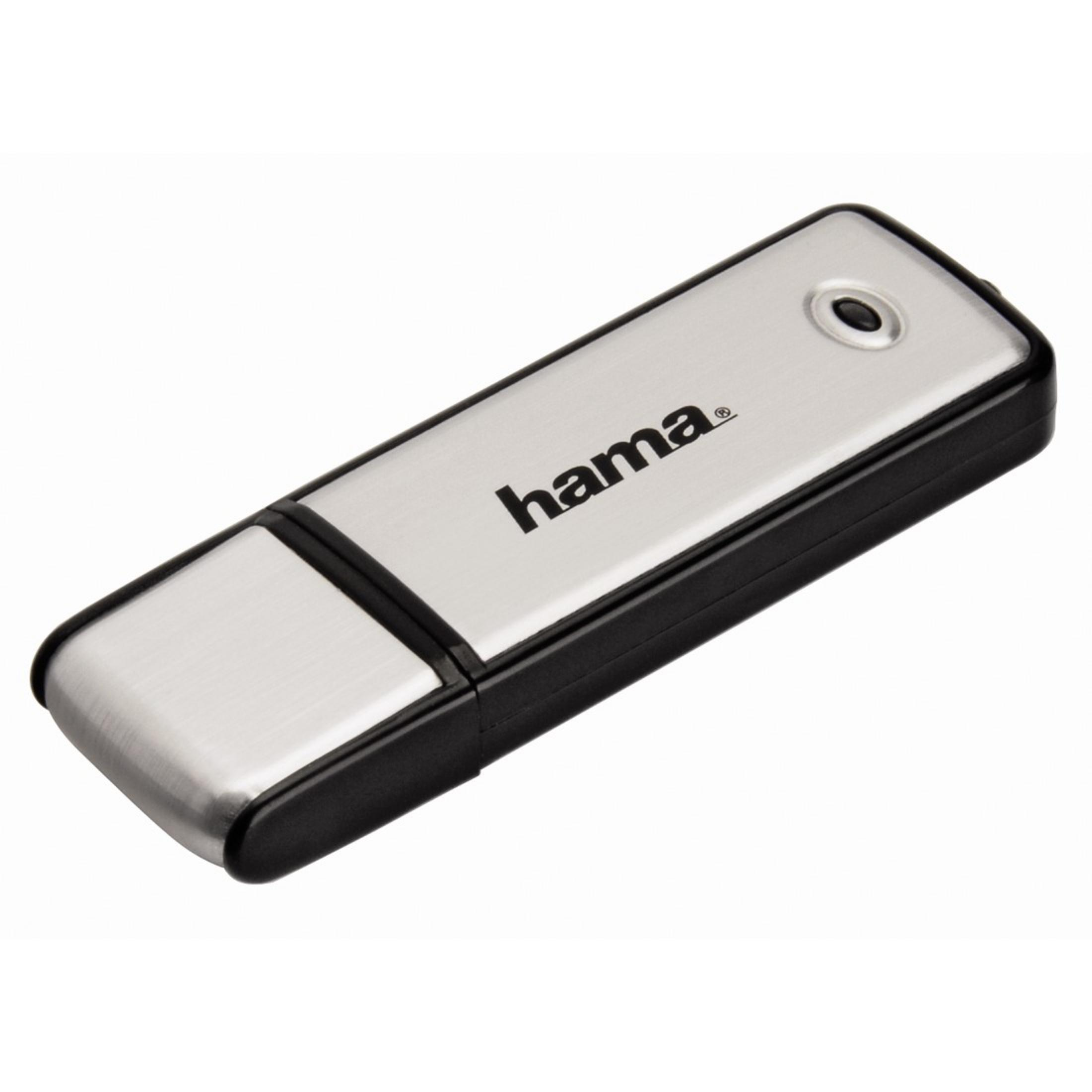 Srebrny pendrive z czarną obudową i logo Hama.