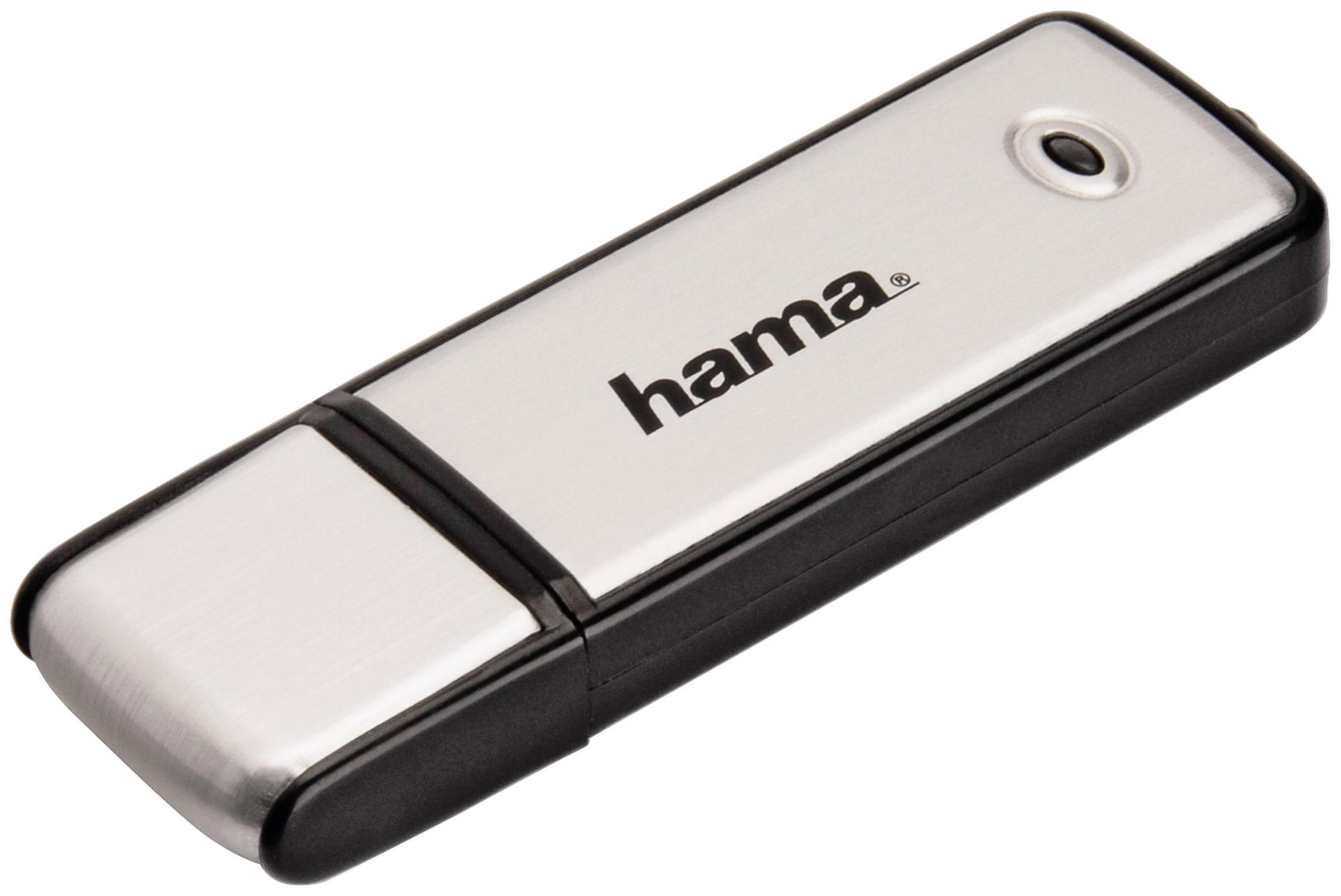 Srebrny pendrive z czarną obudową i logo Hama.