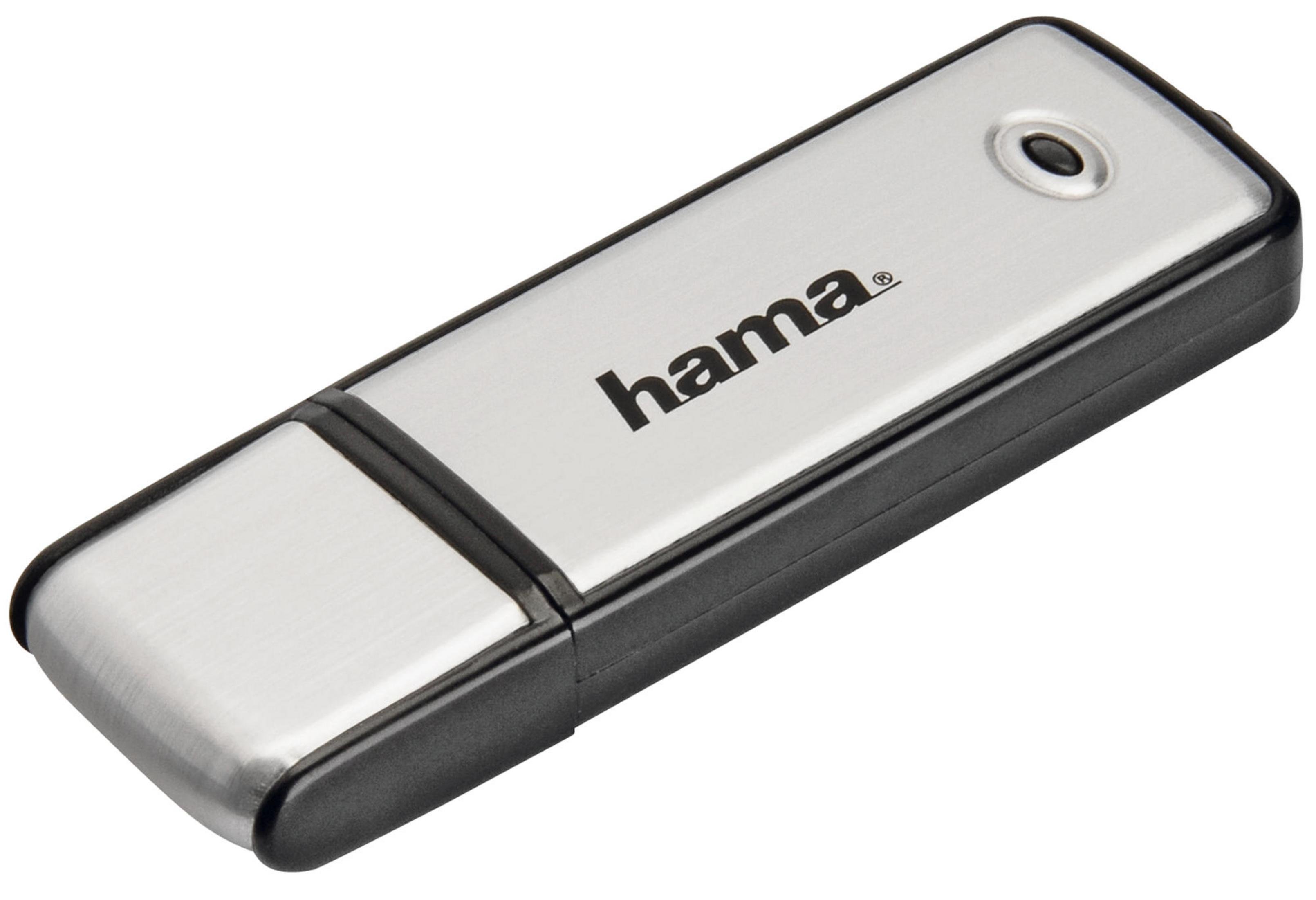 Srebrny pendrive z czarną obudową i logo Hama.