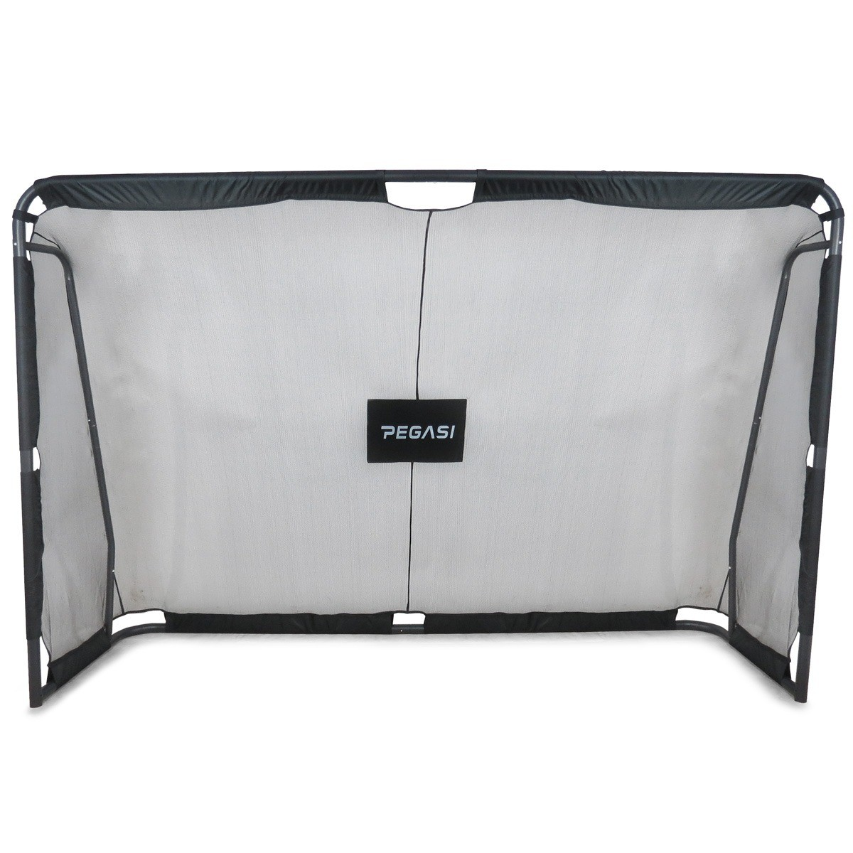 A black goal with a net and the "PEGASI" logo in the center.
