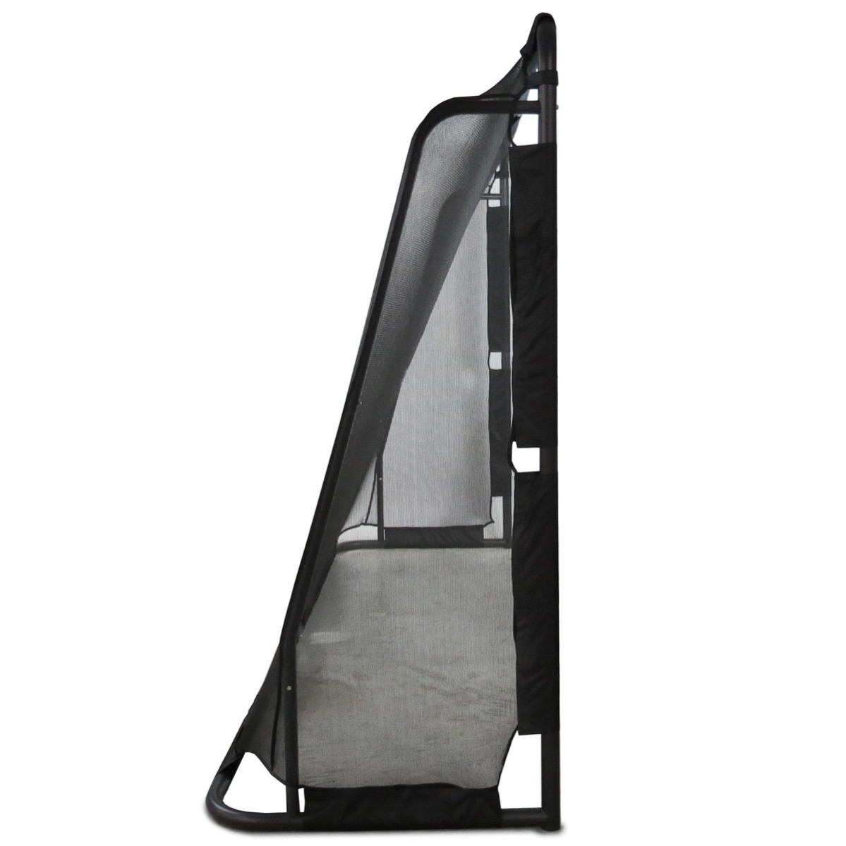 Black mesh enclosure with metal frame, side view.