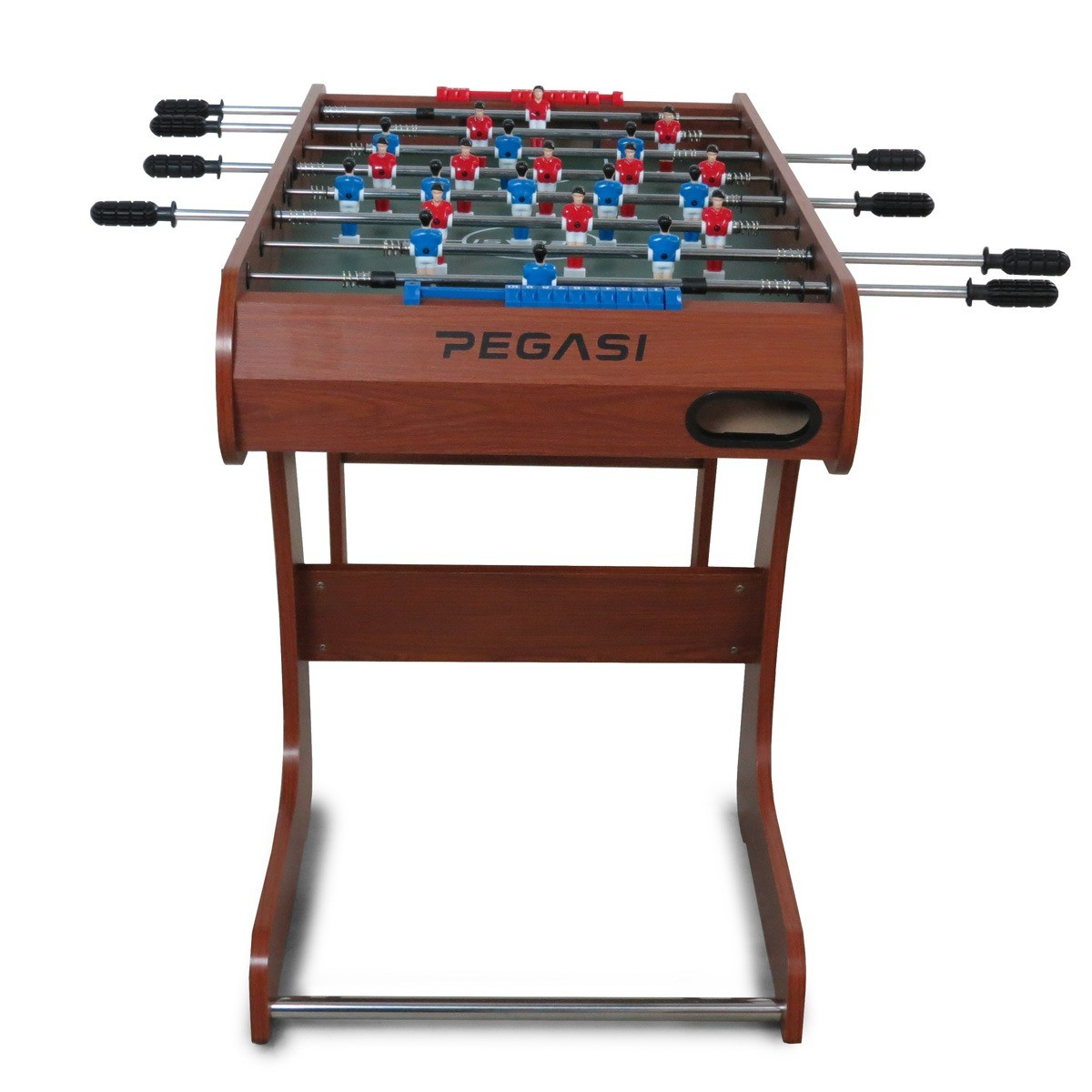 Bruine voetbaltafel met rode en blauwe spelerfiguren en metalen stangen.